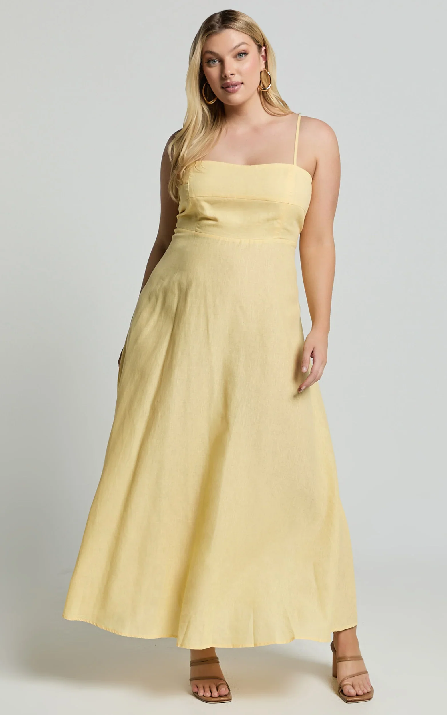 Brette Midi Dress - Linen Straight Neck Strappy Fit And Flare Dress in Lemon