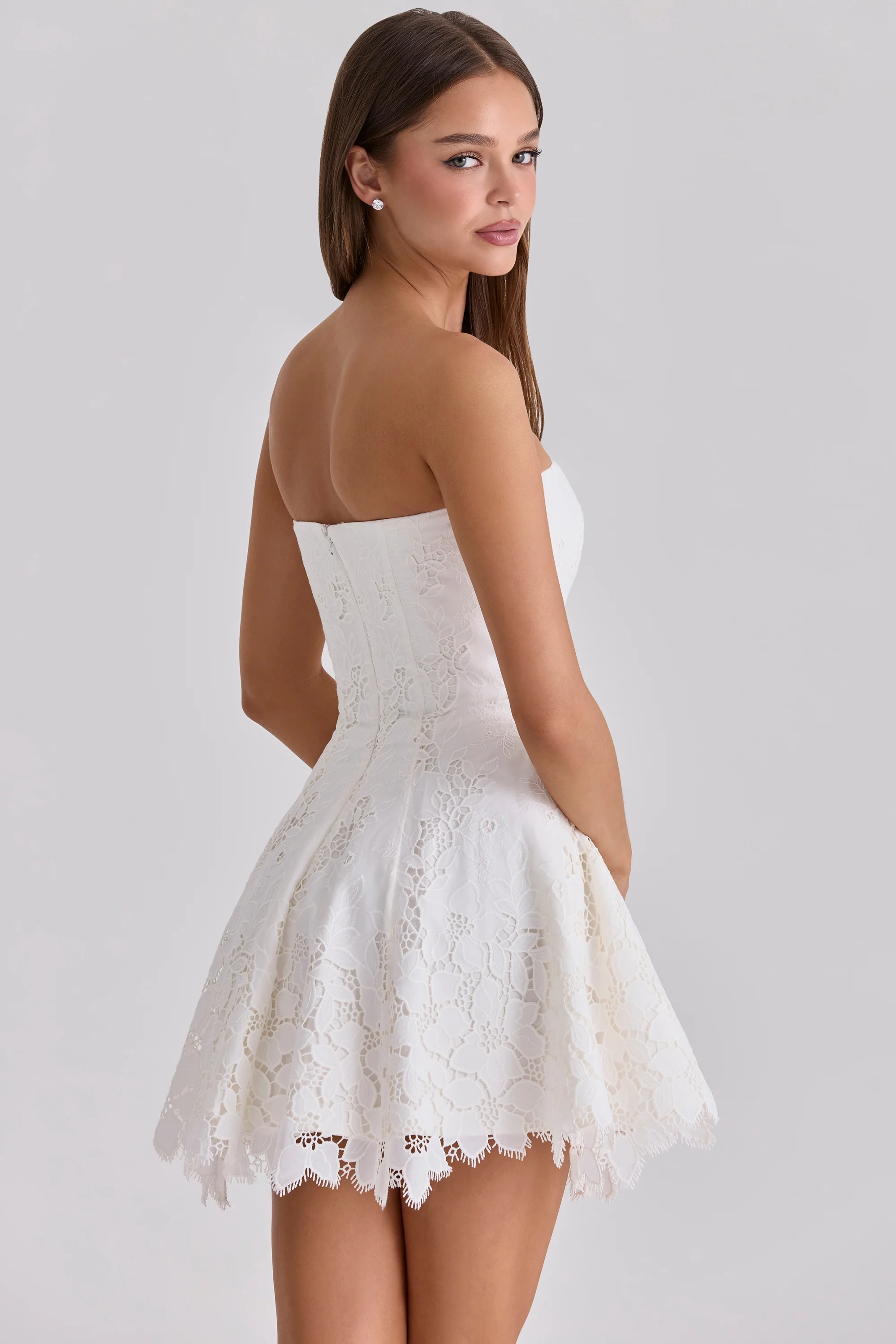 white strapless custom lace broderie anglaise mini dress - FASHION NOB