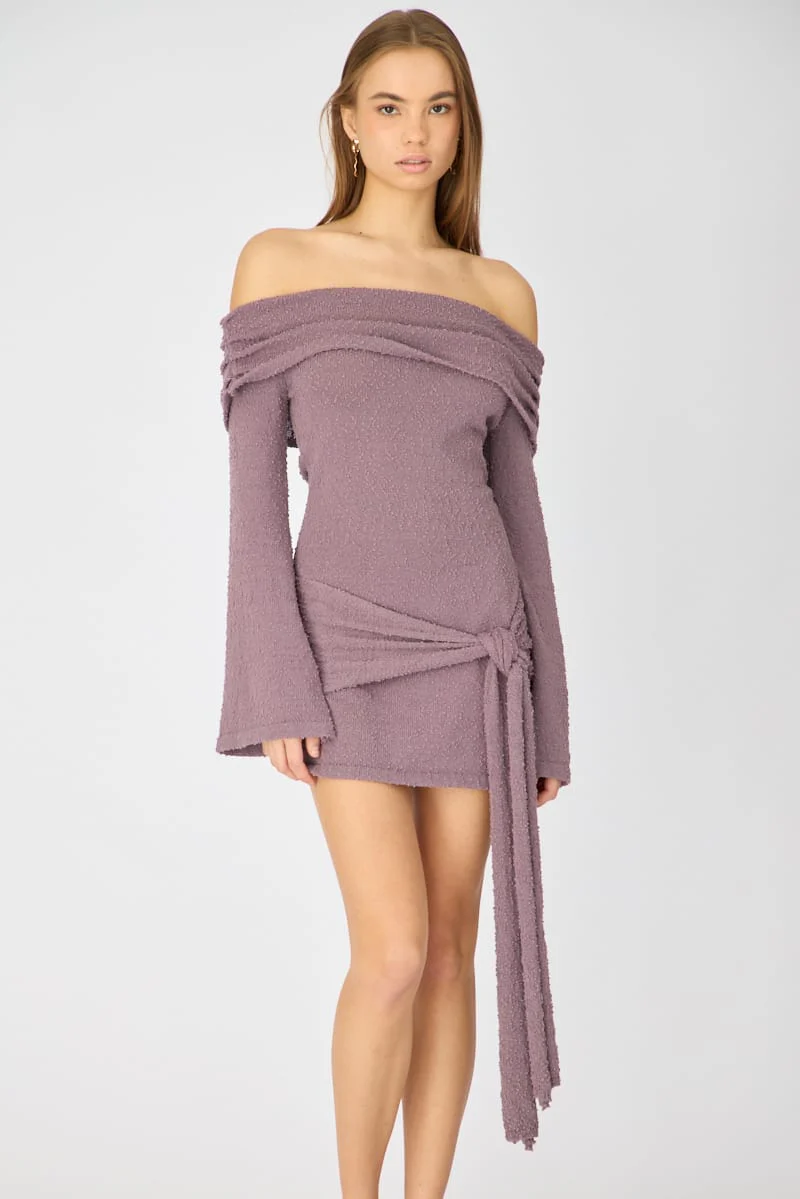 Brown Knitted Off Shoulder Tie Waist Mini Dress