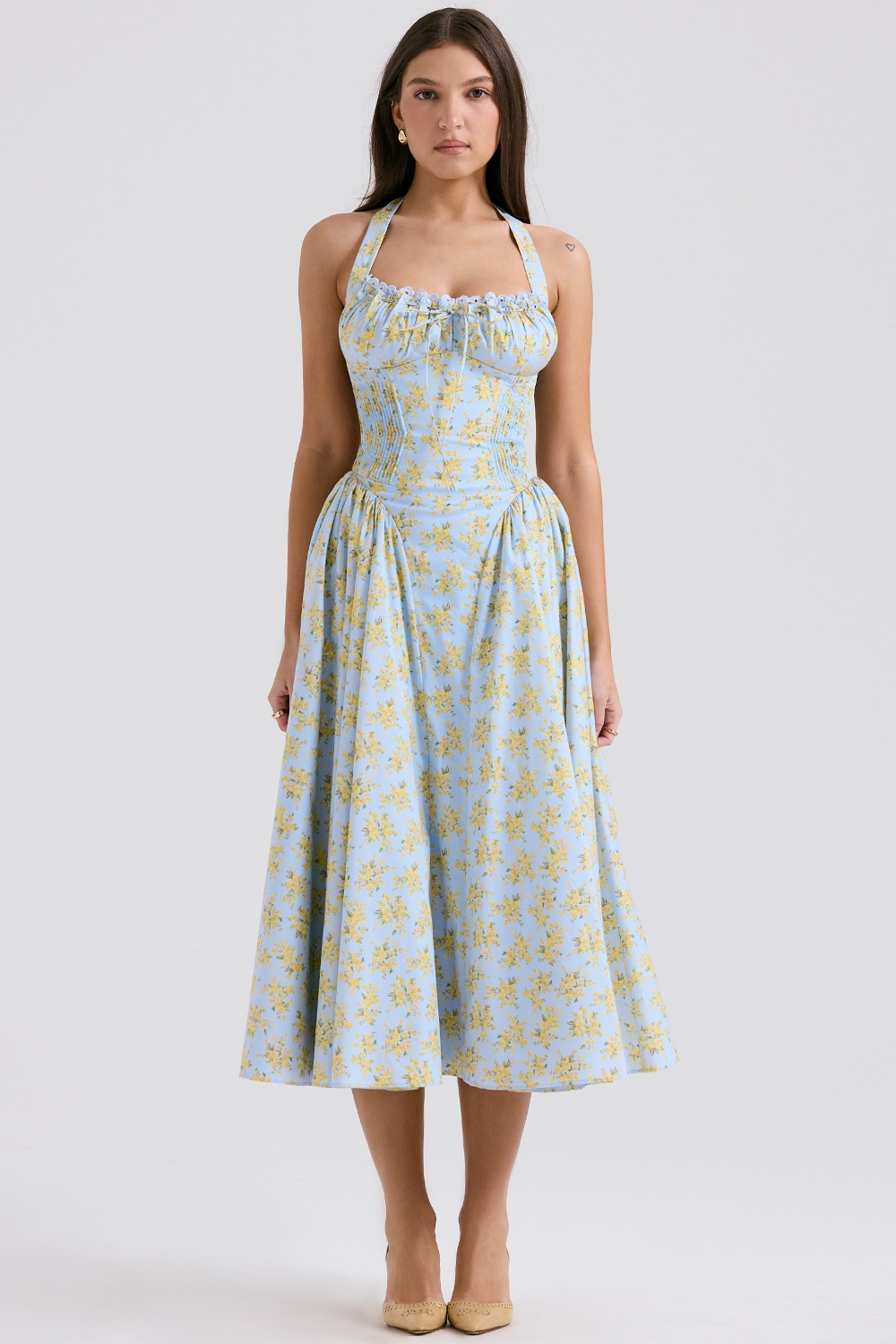 Soft Blue Vintage Floral Print Cotton Halter Sundress