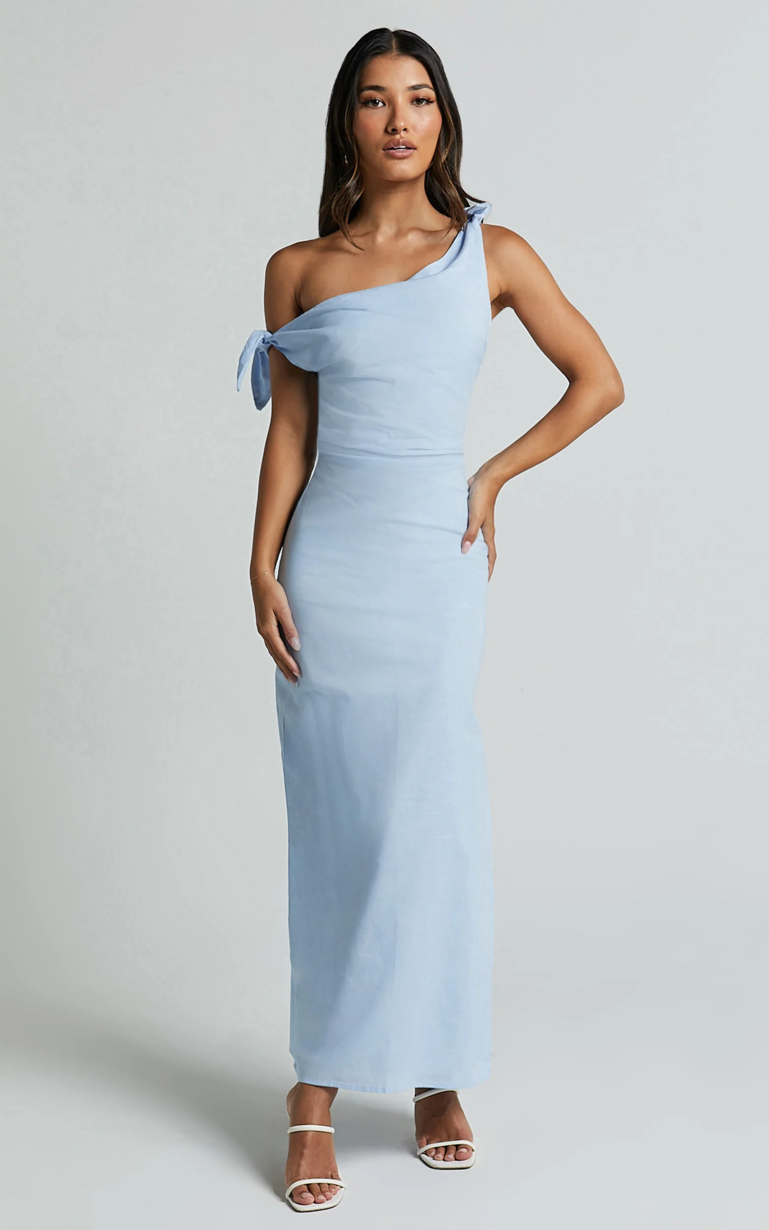 Cincinnati Midi Dress - Off The Shoulder Side Split Column Linen Dress in Pale Blue