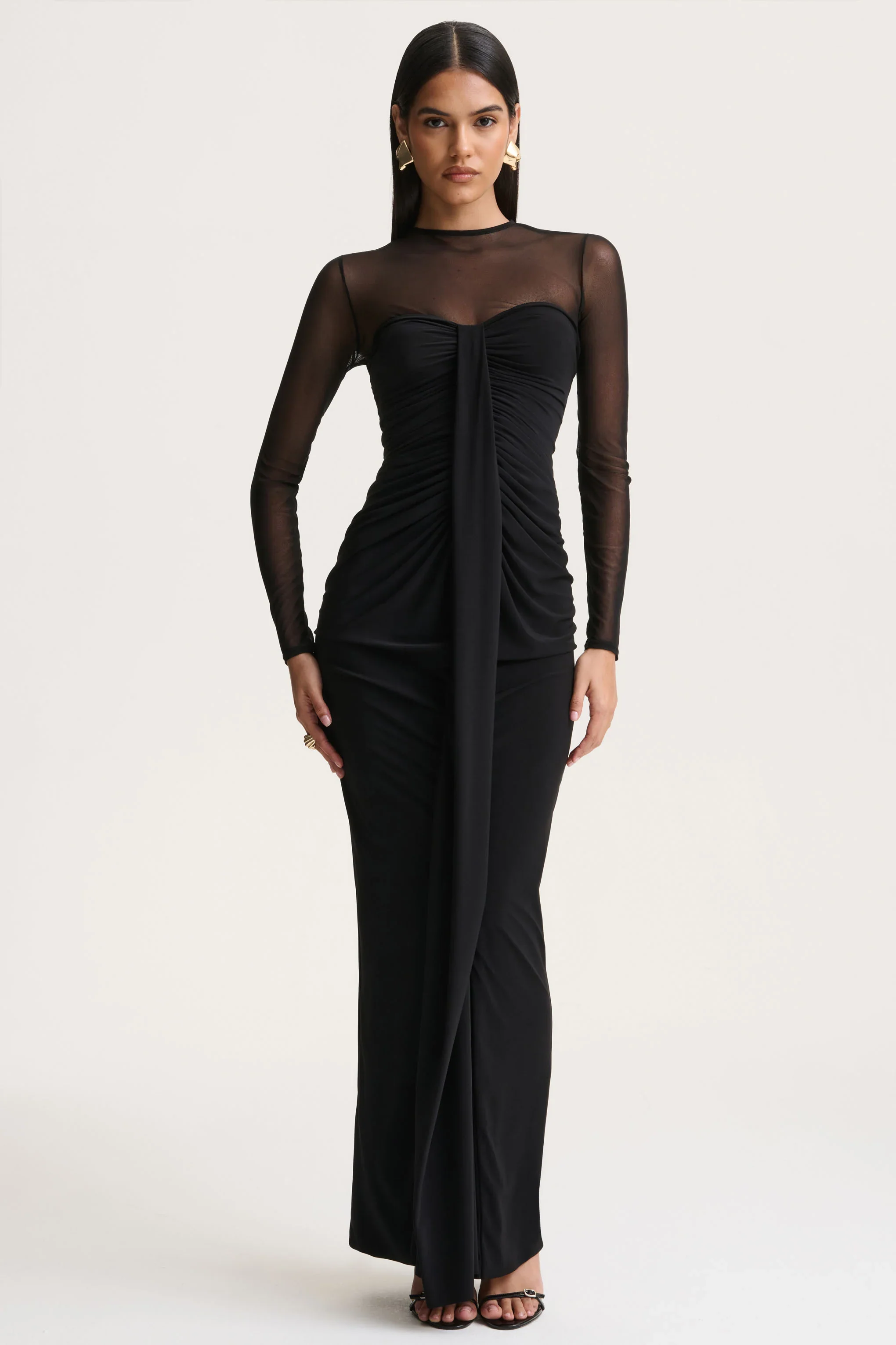 Cadenza | Black Crew-Neck Maxi Dress With Mesh And Gathered-Detailing