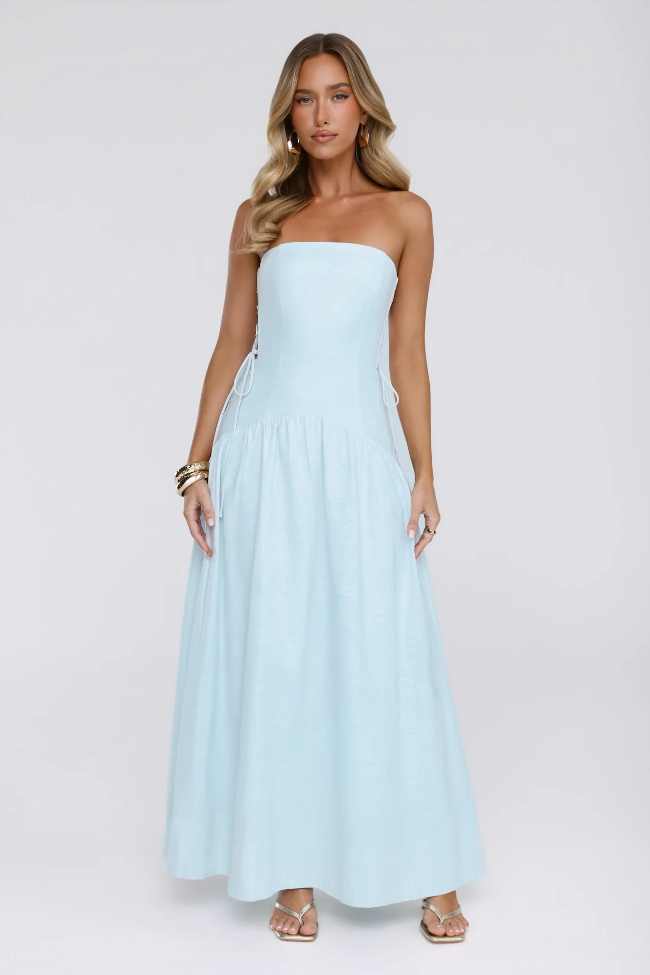 Just Feels Right Linen Blend Strapless Maxi Dress Blue