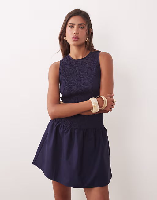 Mango cotton rich racer neck mini dress in navy