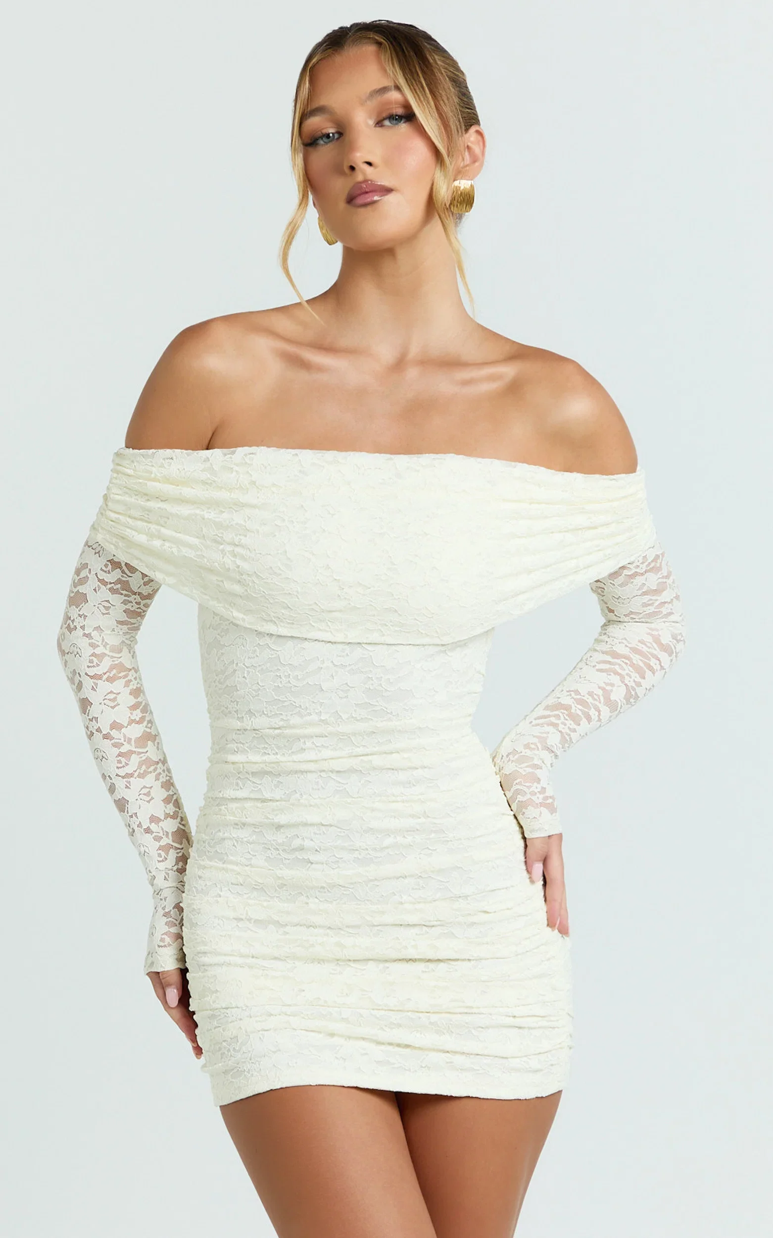 Jensen Mini Dress - Off Shoulder Stretch Lace Bodycon Dress in Cream