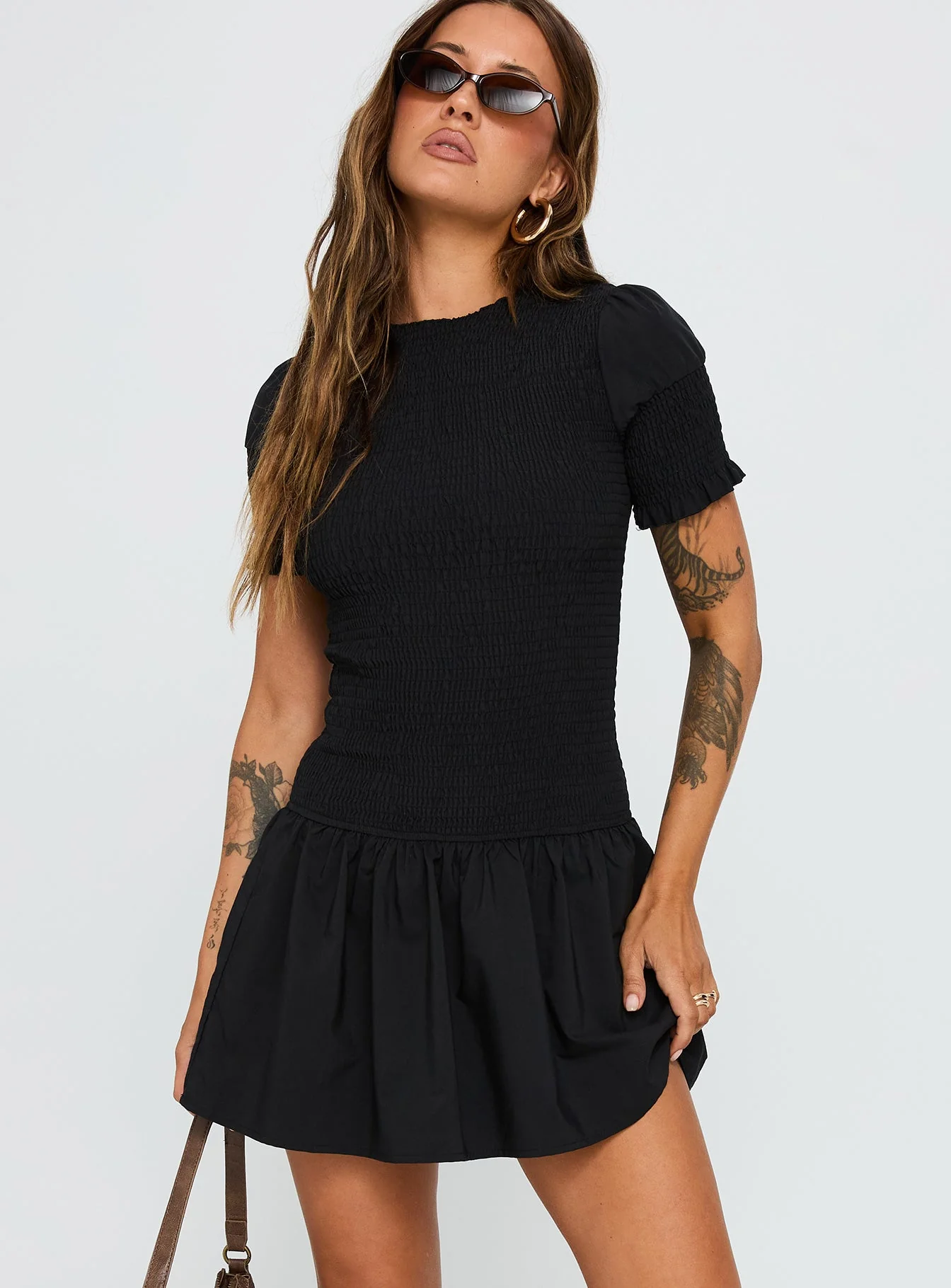 Laurita Shirred Mini Dress Black