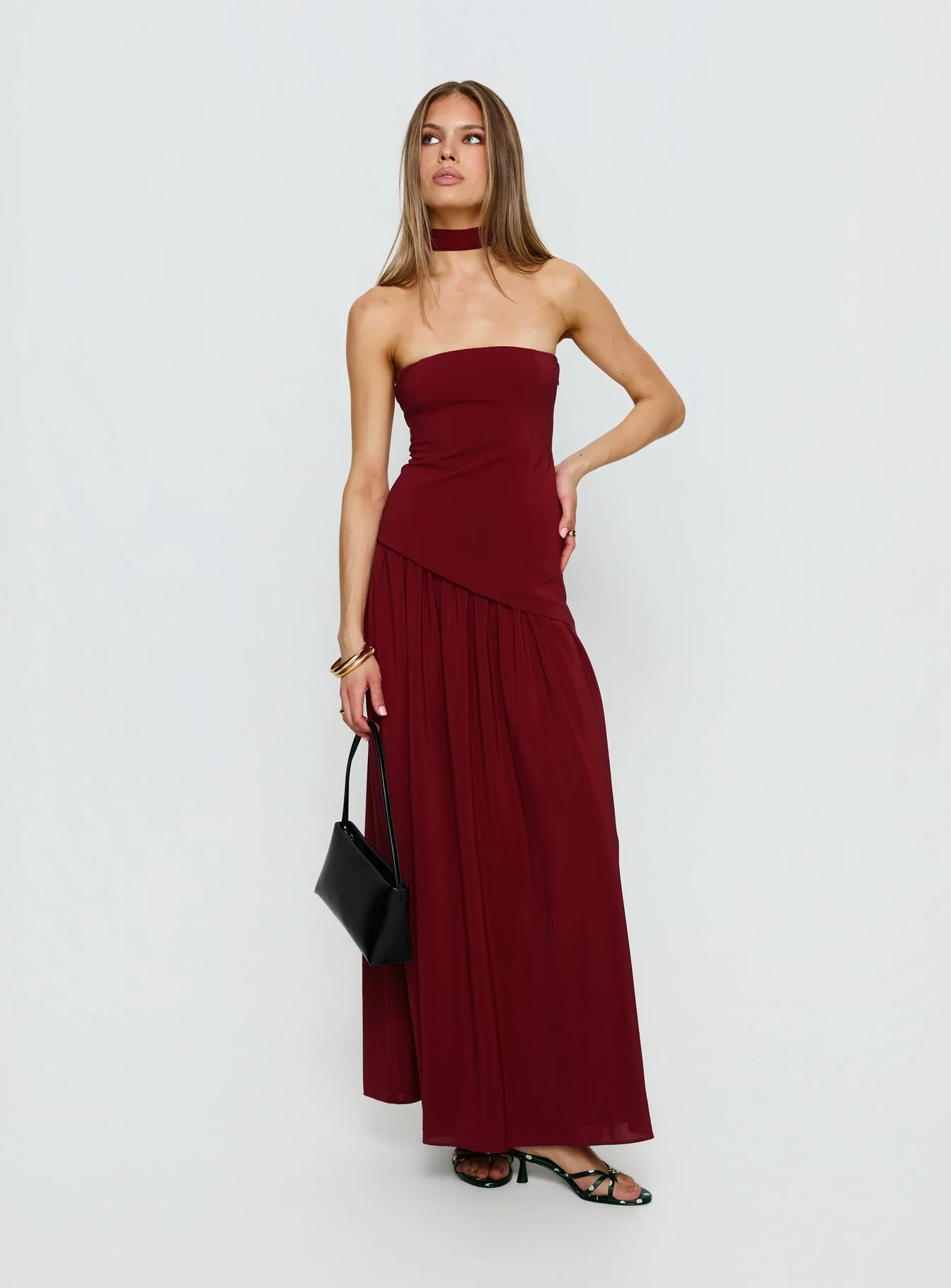 Odela Strapless Scarf Drop Waist Maxi Dress Cherry