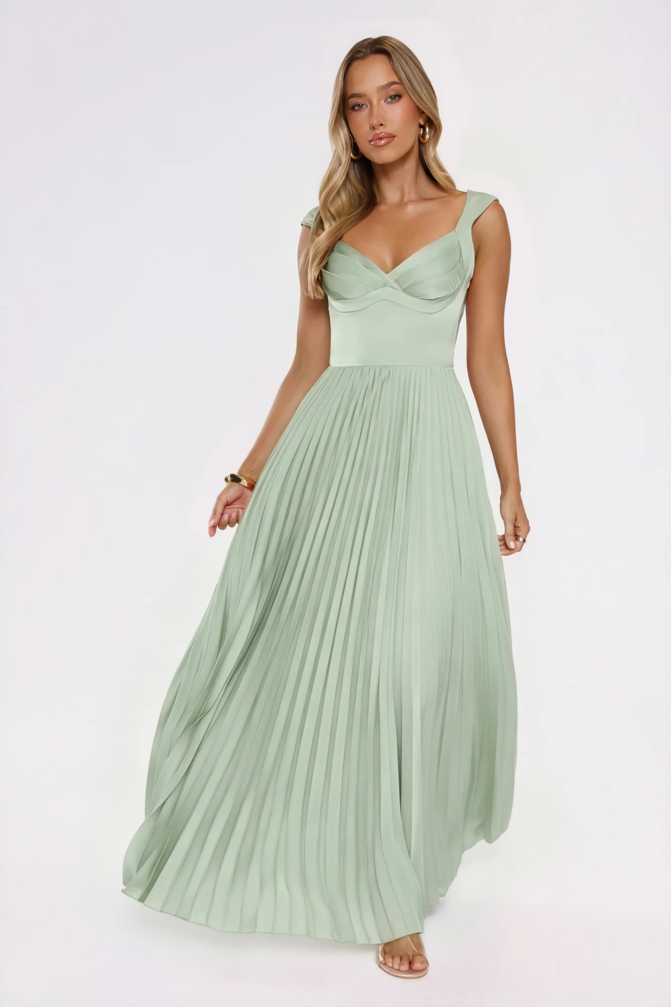 Satin Glow Pleated Maxi Dress Green