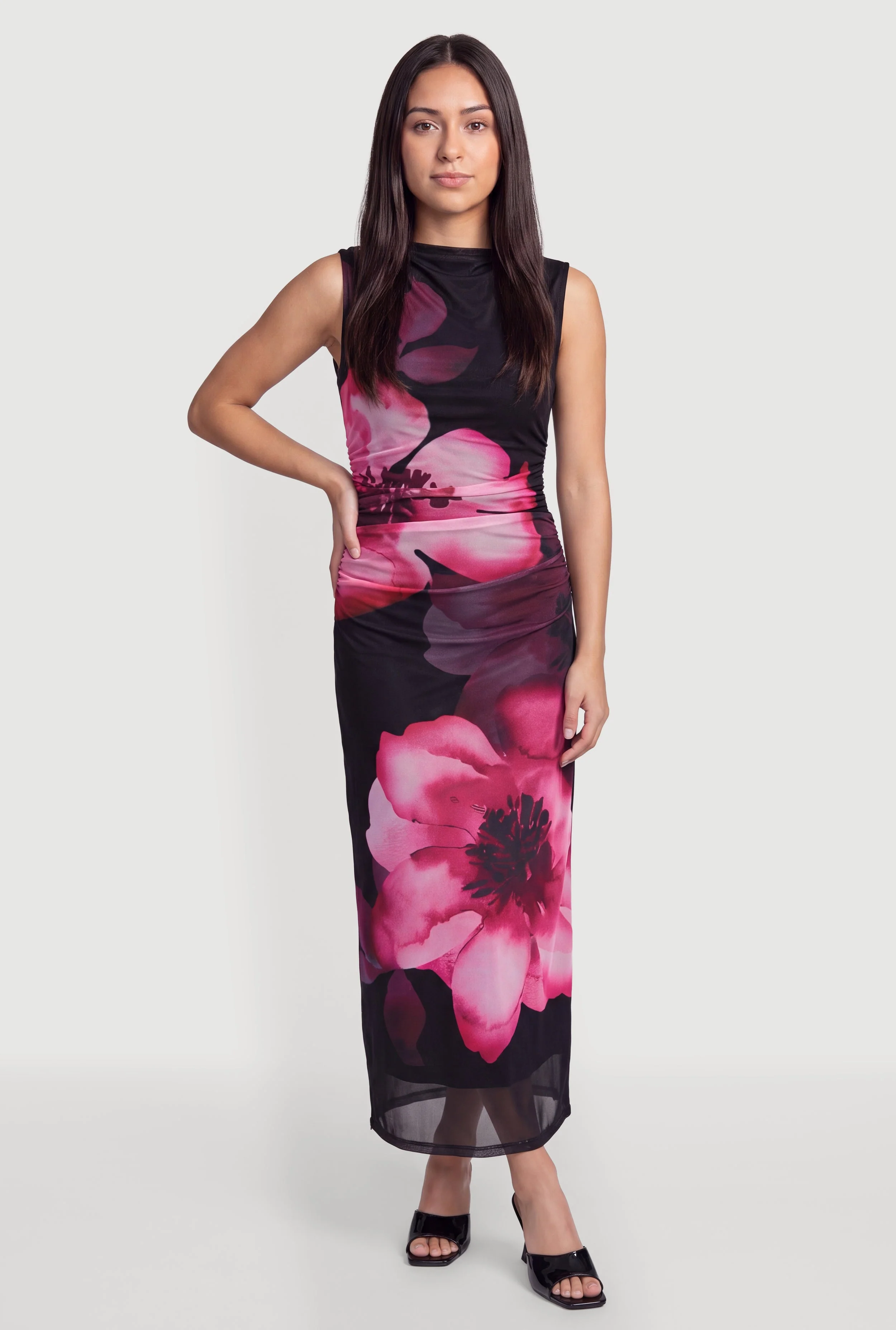 Sleeveless Mock Neck Ruched Floral Mesh Maxi Dress
