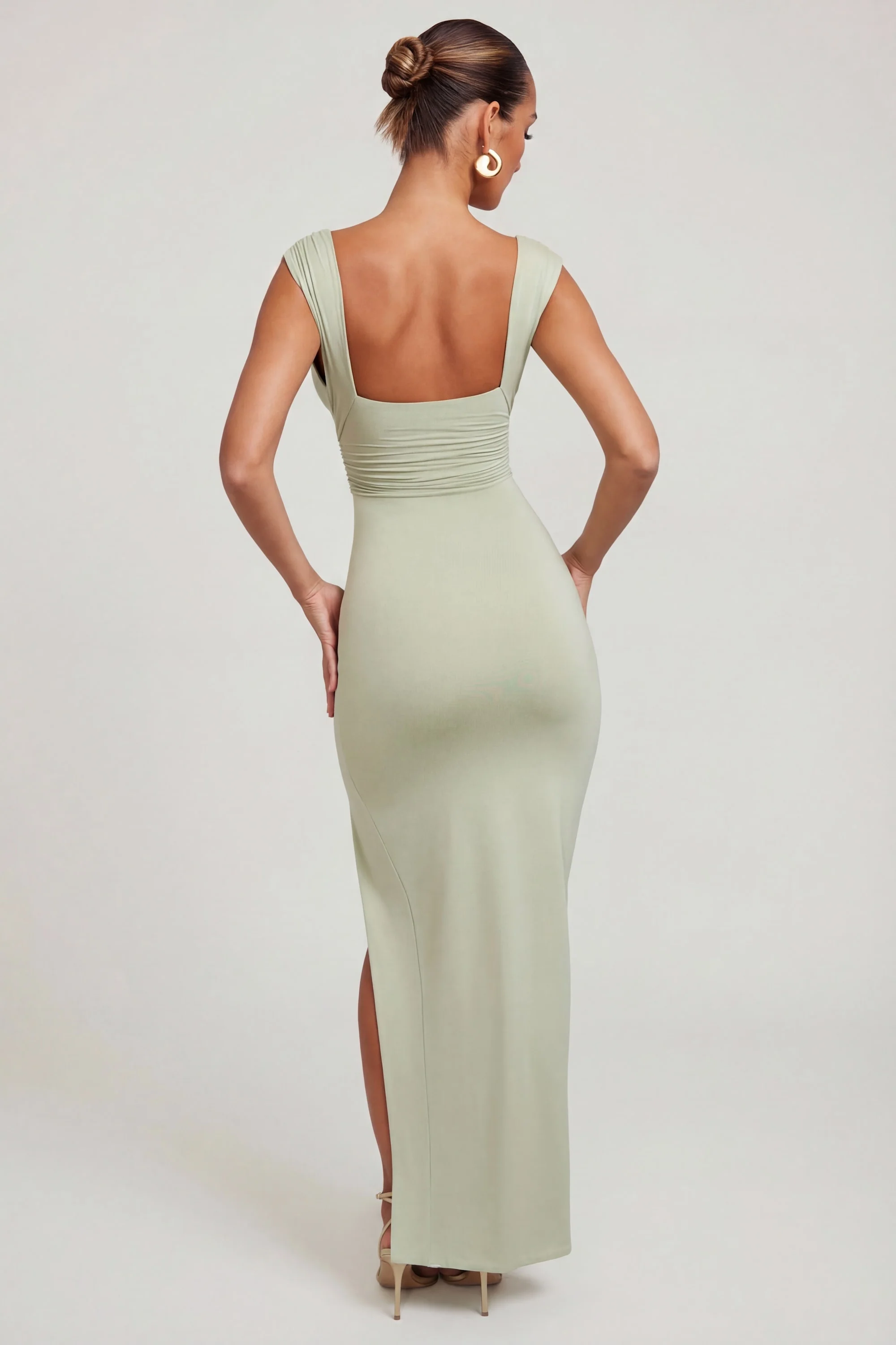 High Split Plunge Neck Maxi Dress in Sage