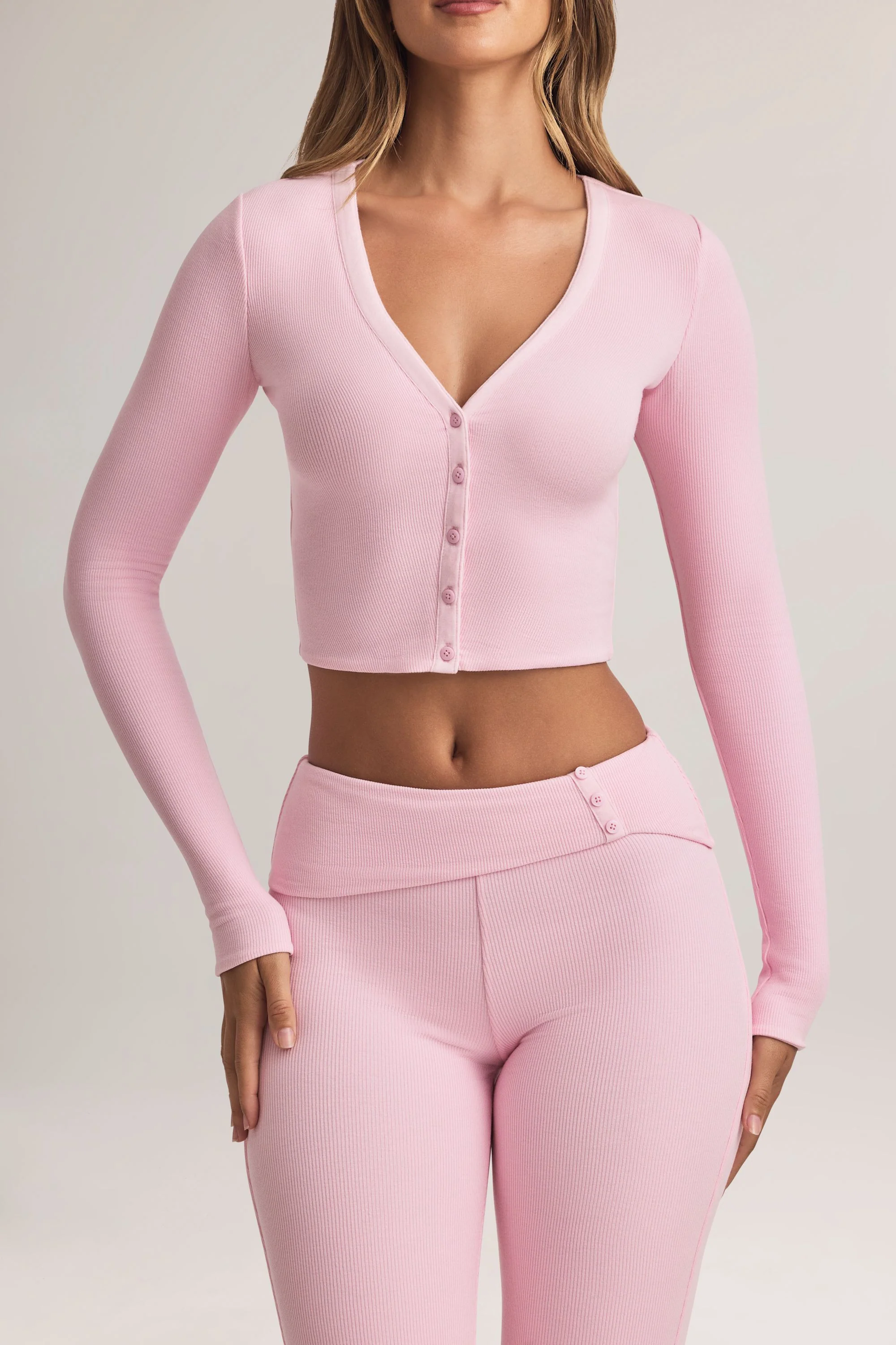 Modal Ribbed Cropped Cardigan in Pastel Pink