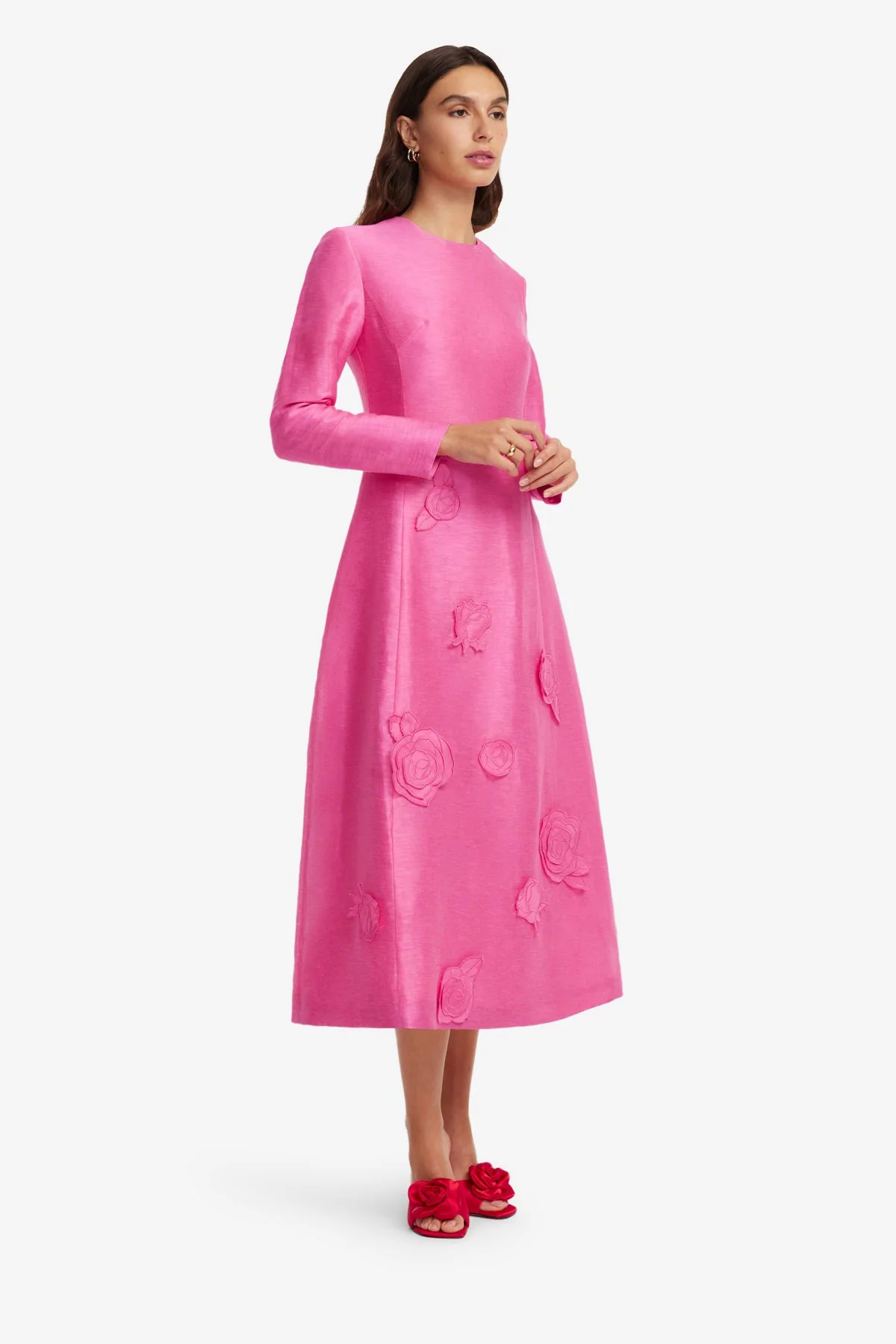 Amira Long Sleeve Petal Midi Dress - Fuchsia