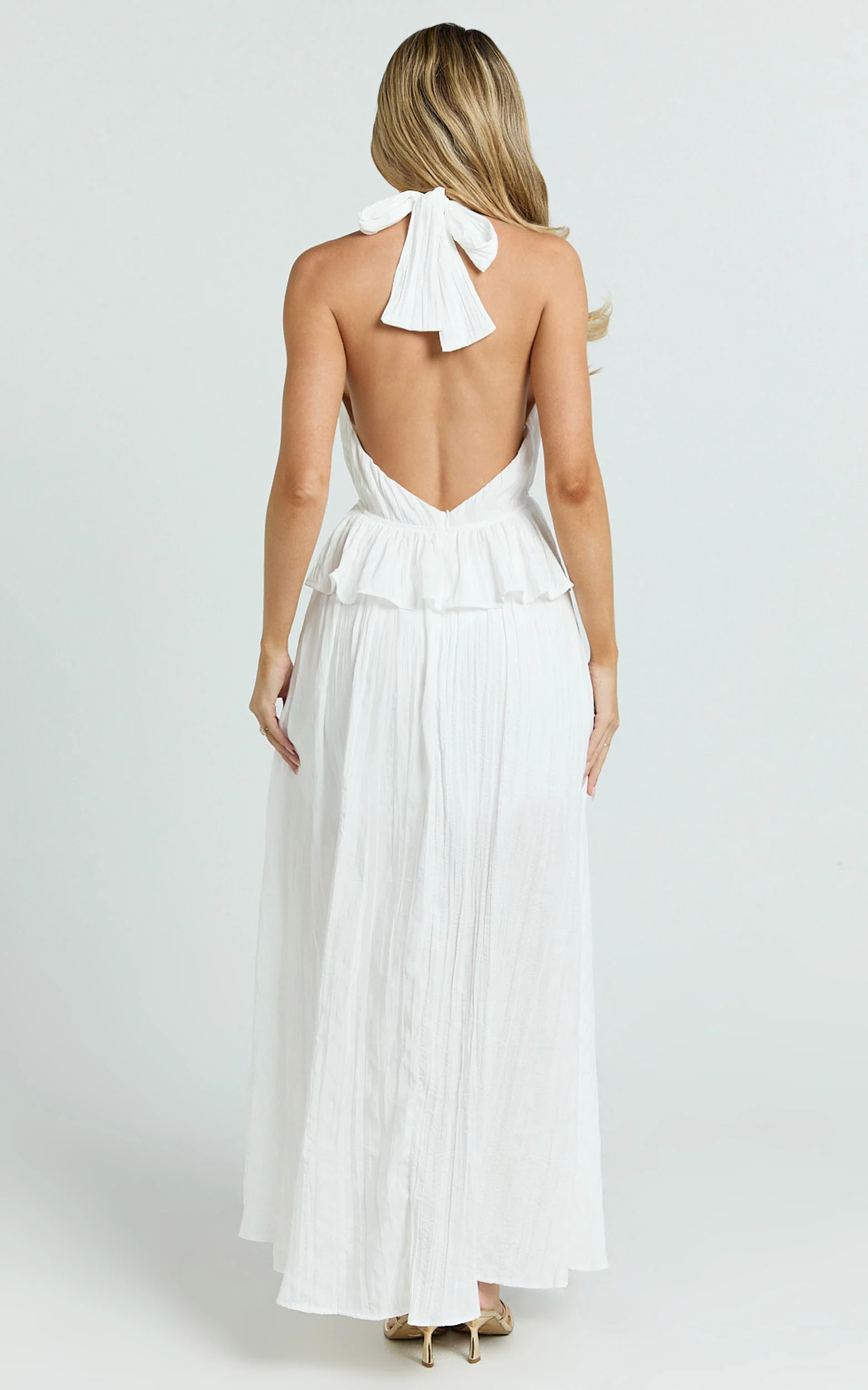Heidi Midi Dress - Deep V Plunge Halter Neck Brooch Detail Split Skirt Dress in White