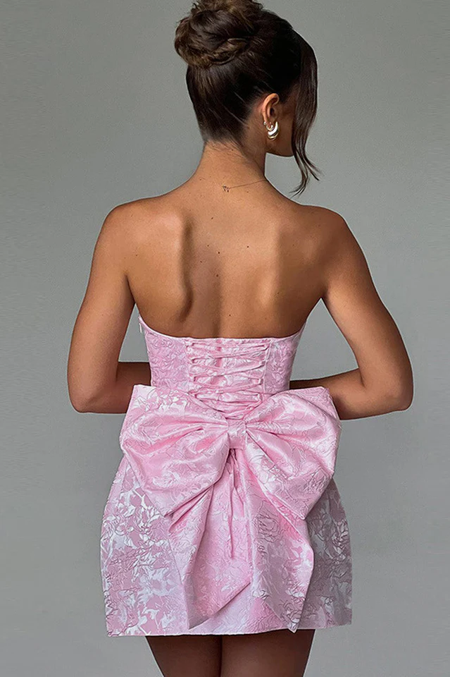 Jacquard Print Tube Back Bow Mini Dress