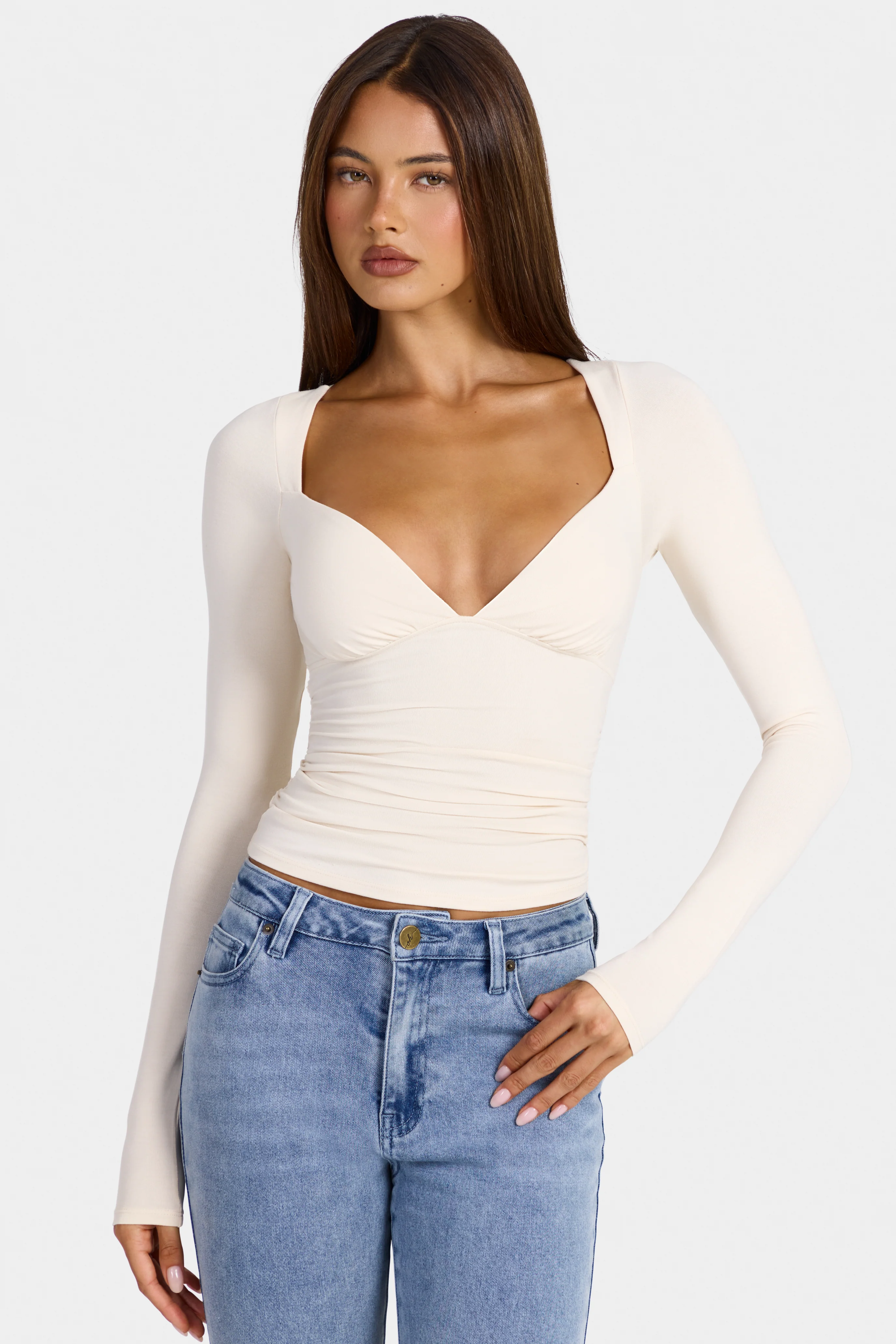 Modal Ruched Long-Sleeve Top in Oat