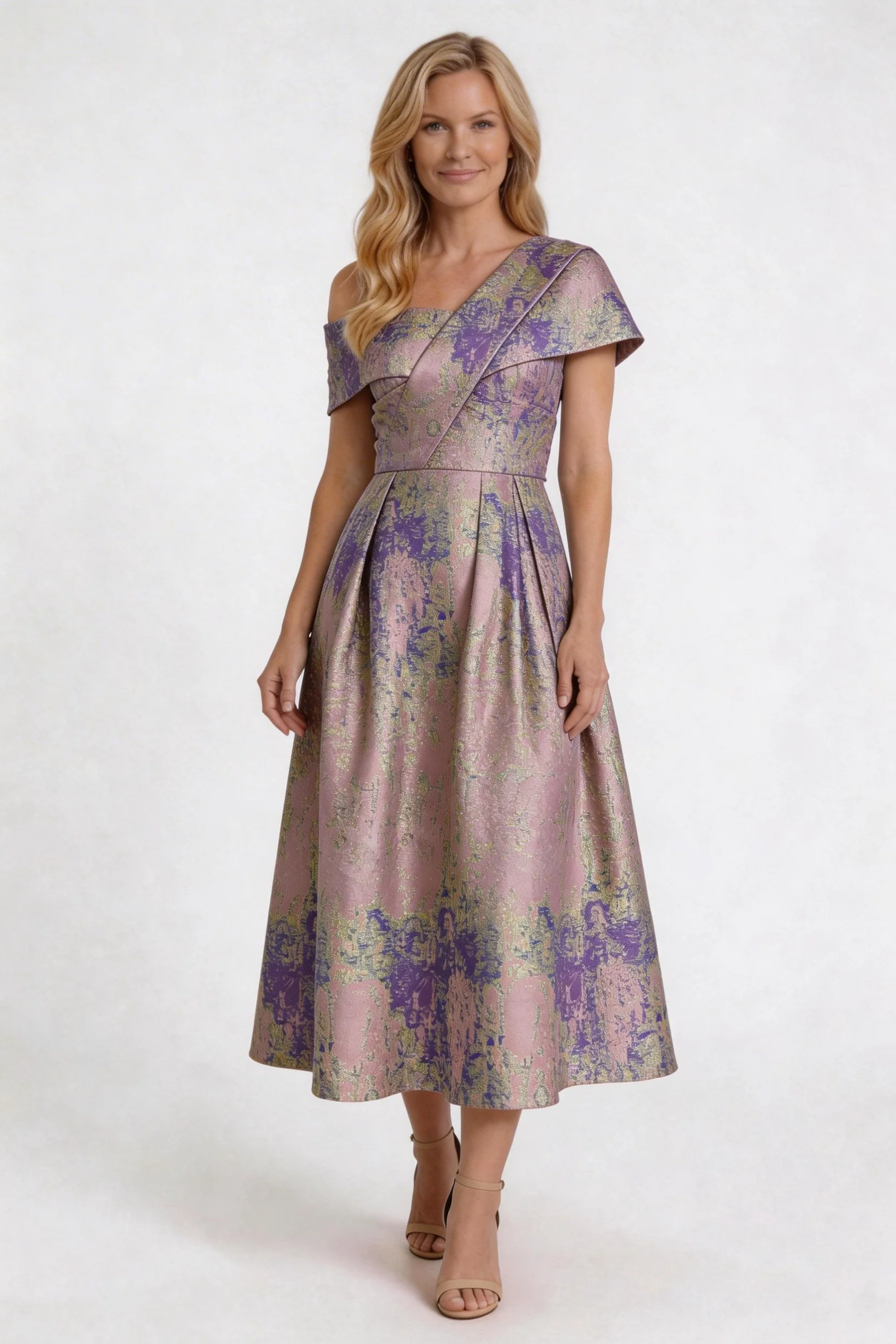 A-Line Tea-Length Jacquard Mother of the Bride Dress CM0421