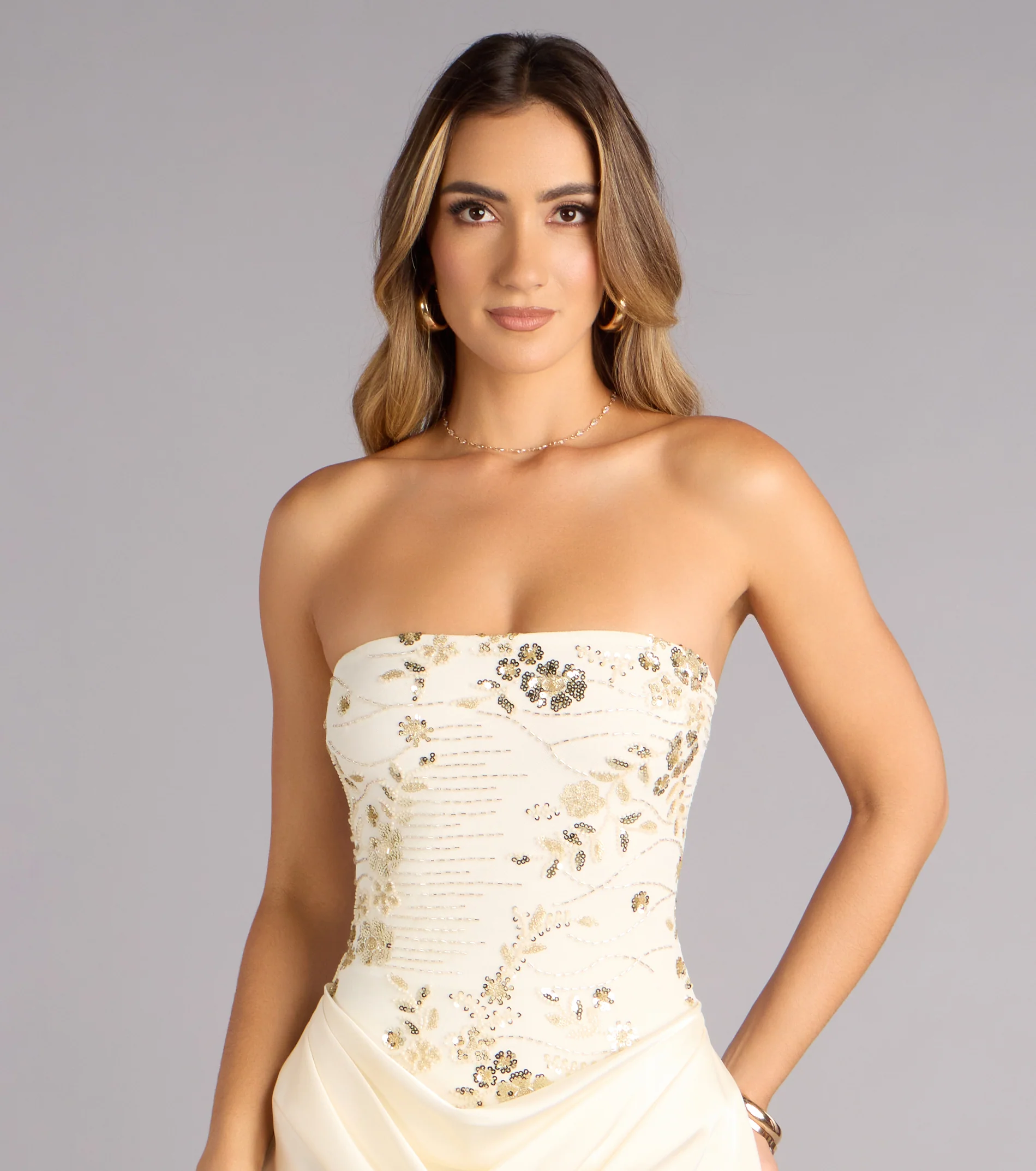 Satin Glow Strapless Beaded Midi Dress - FASHION NOB