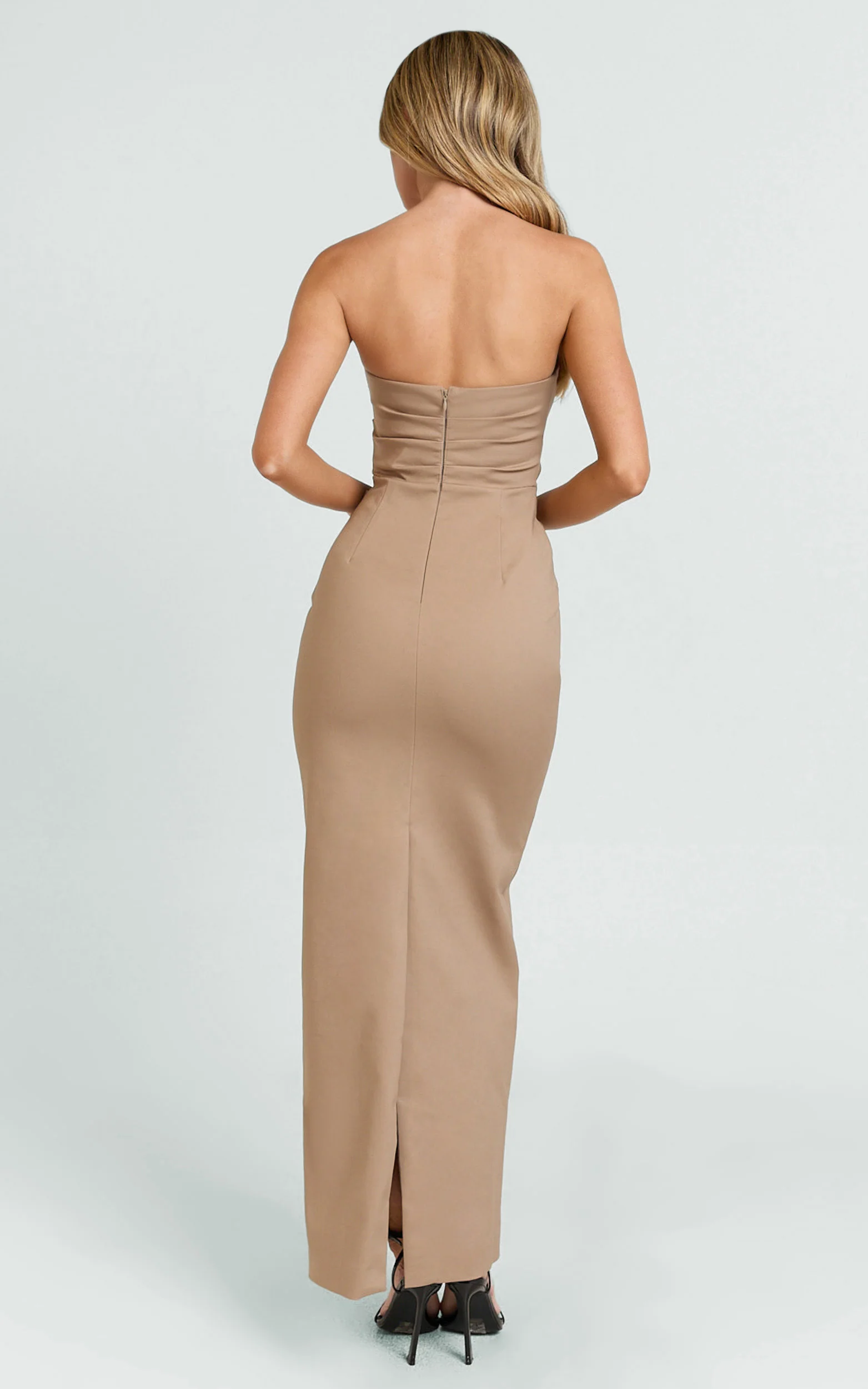 Jamie Maxi Dress - Strapless Ruched Fitted Column Dress in Mocha