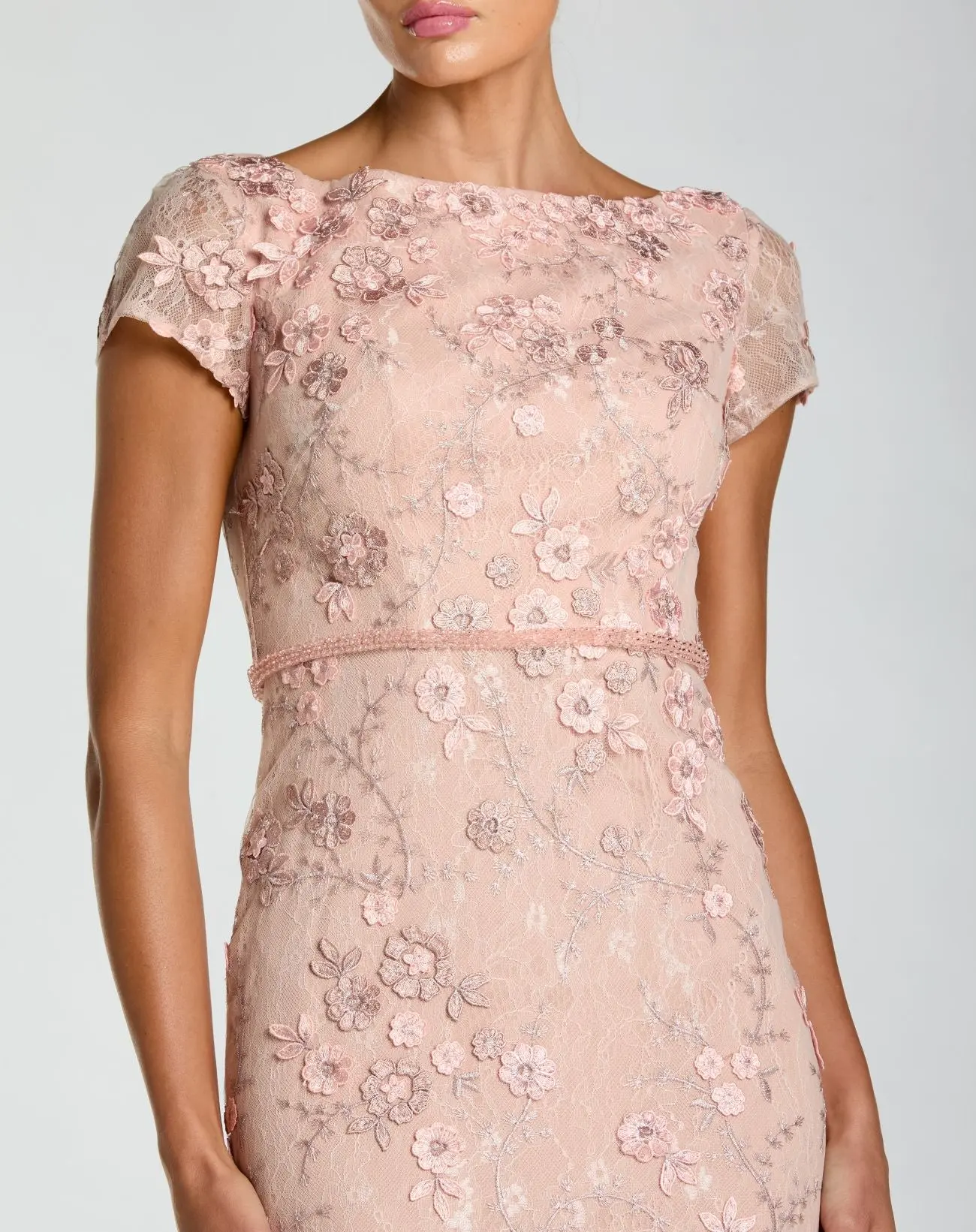 Pink Floral Applique Boat Neck Cap Sleeve Gown