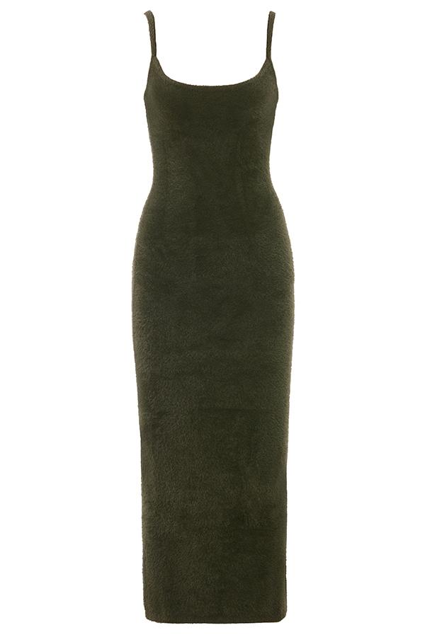 Khaki Soft Fluffy Knit Maxi Dress
