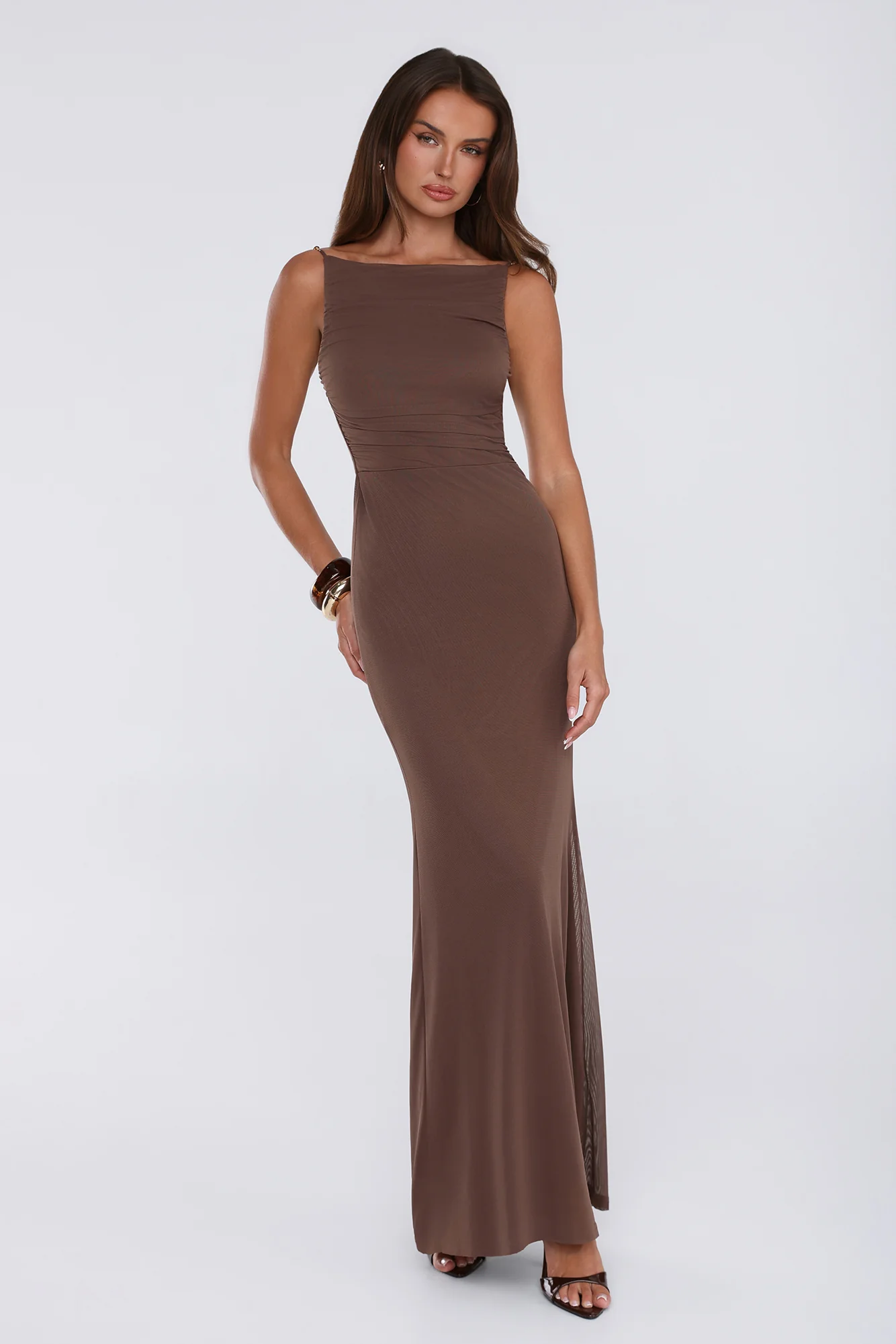 Golden Hourglass Mesh Maxi Dress Brown