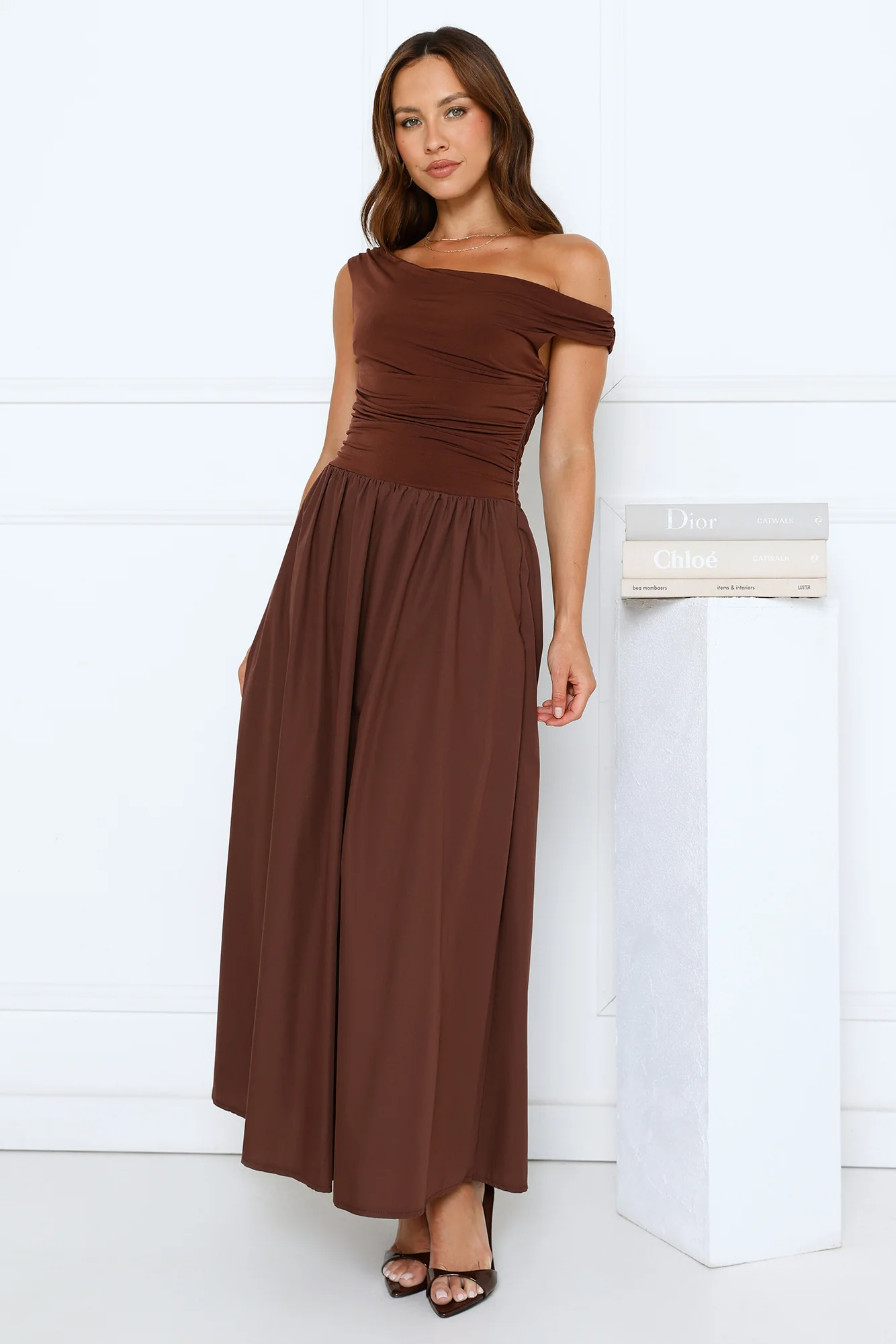 Camellia Charm Off Shoulder Maxi Dress Brown