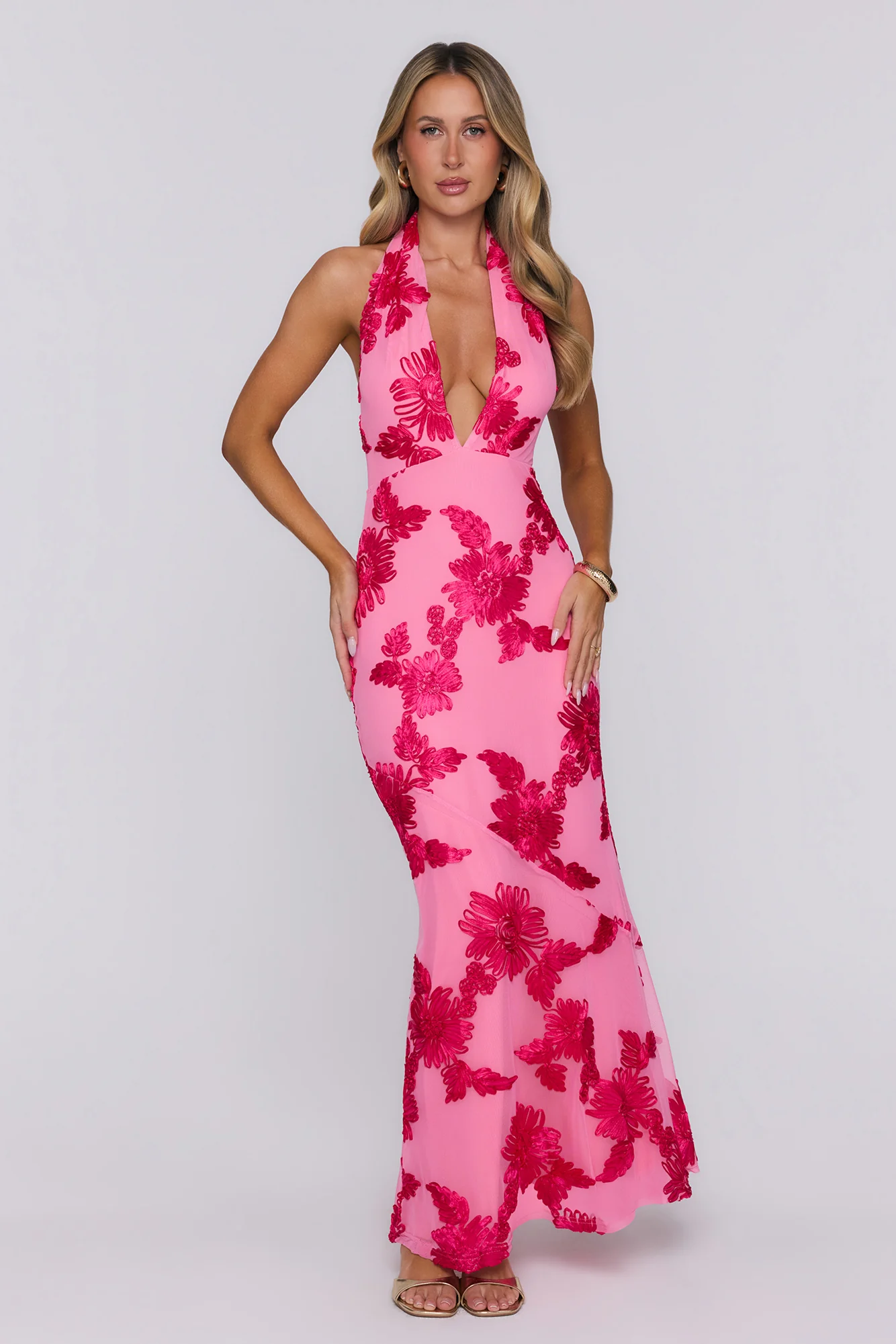 Electric Darling Mesh Halter Maxi Dress Pink