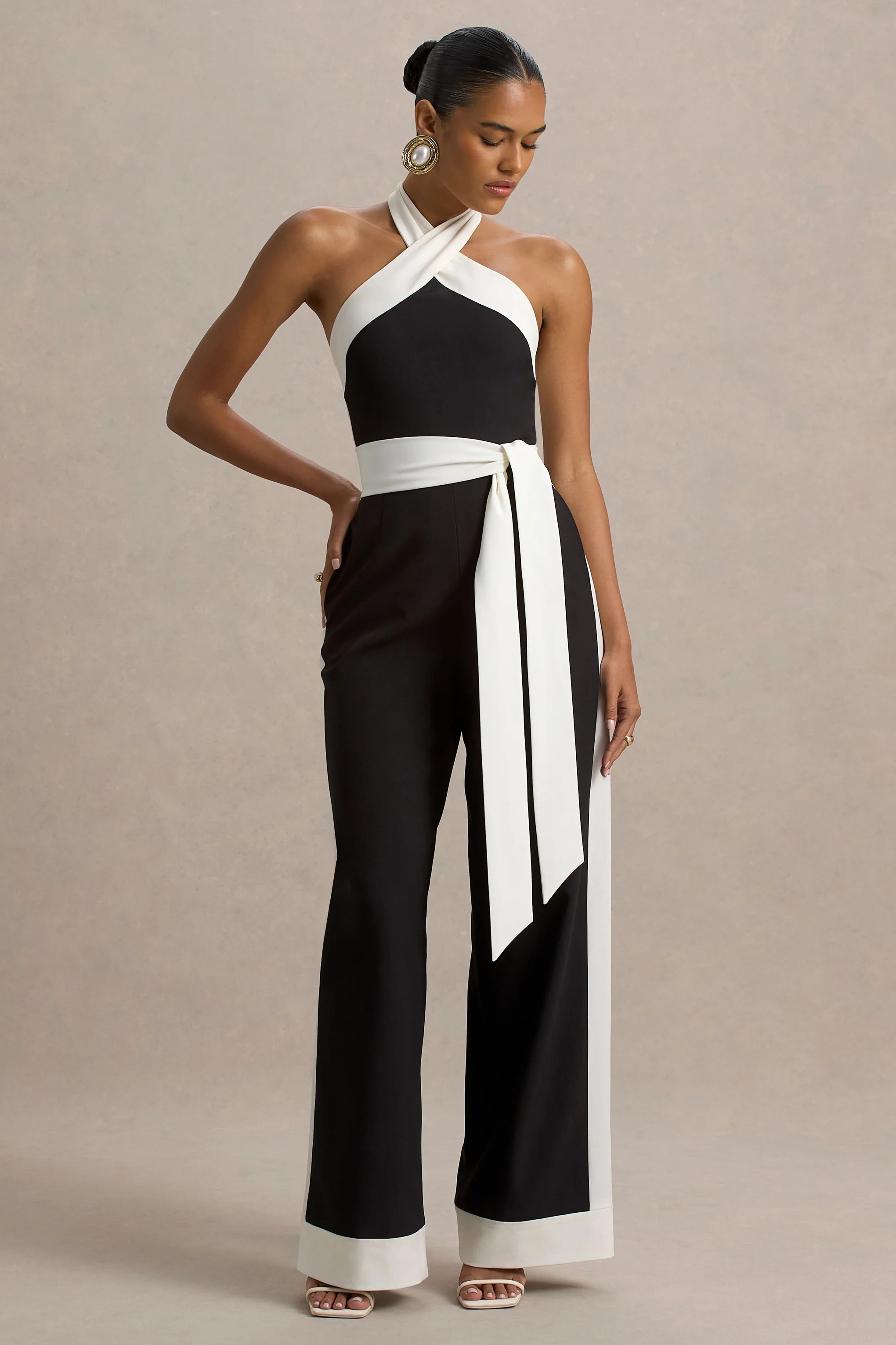 Caterina | Black & White Halter-Neck Wide-Leg Jumpsuit