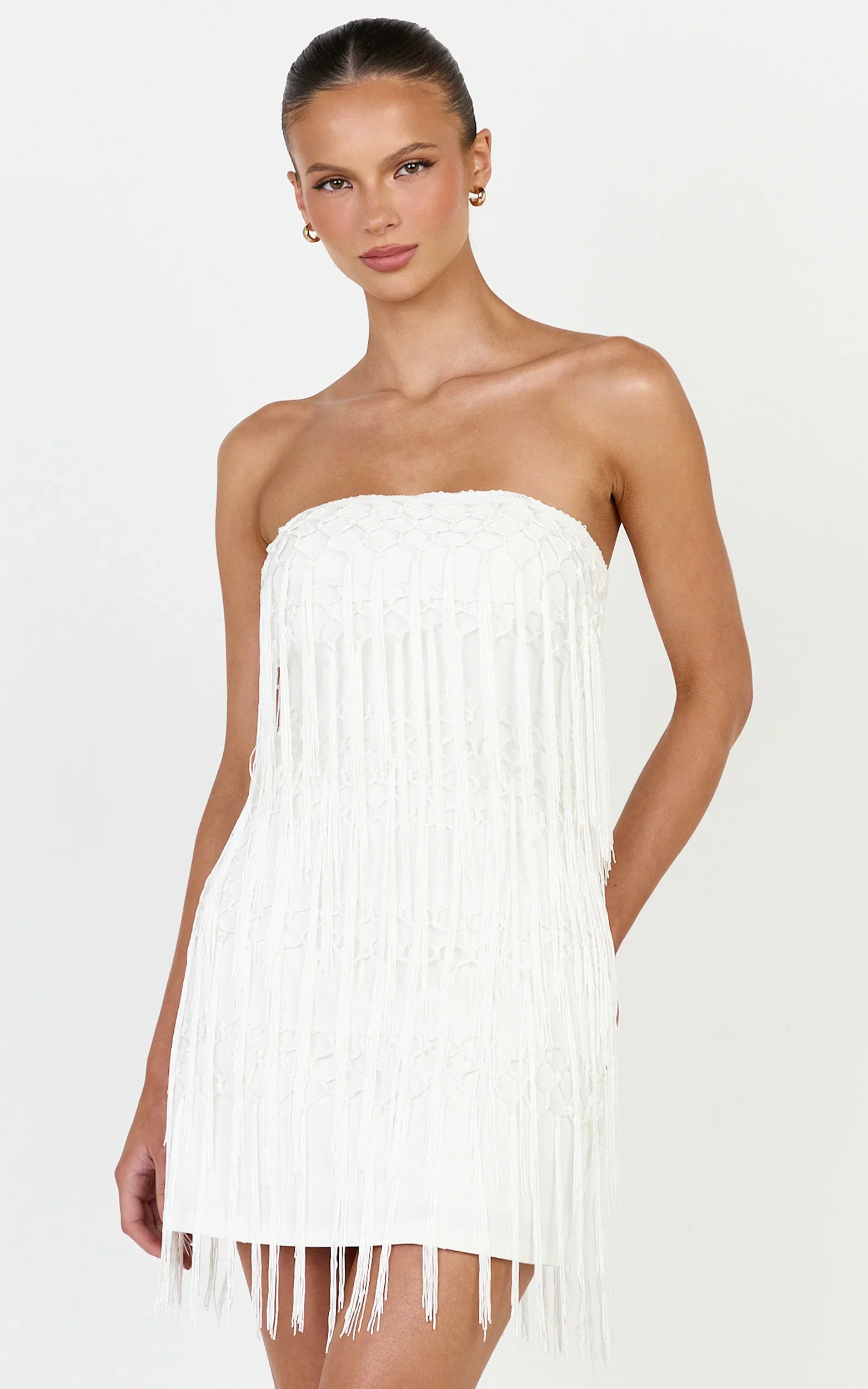 Kyle Mini Dress - Strapless Tassel Bodycon Dress in White