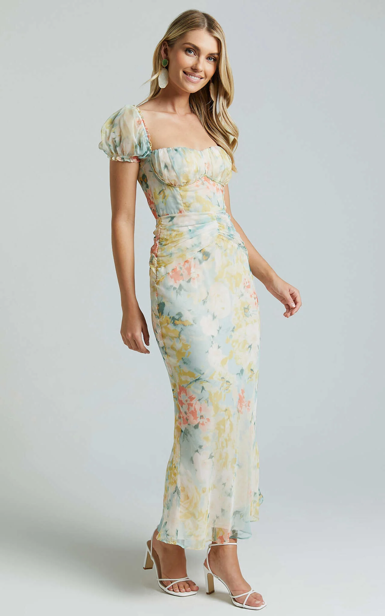 Debina Maxi Dress - Sweetheart Neckline Short Sleeve Dress in Yellow