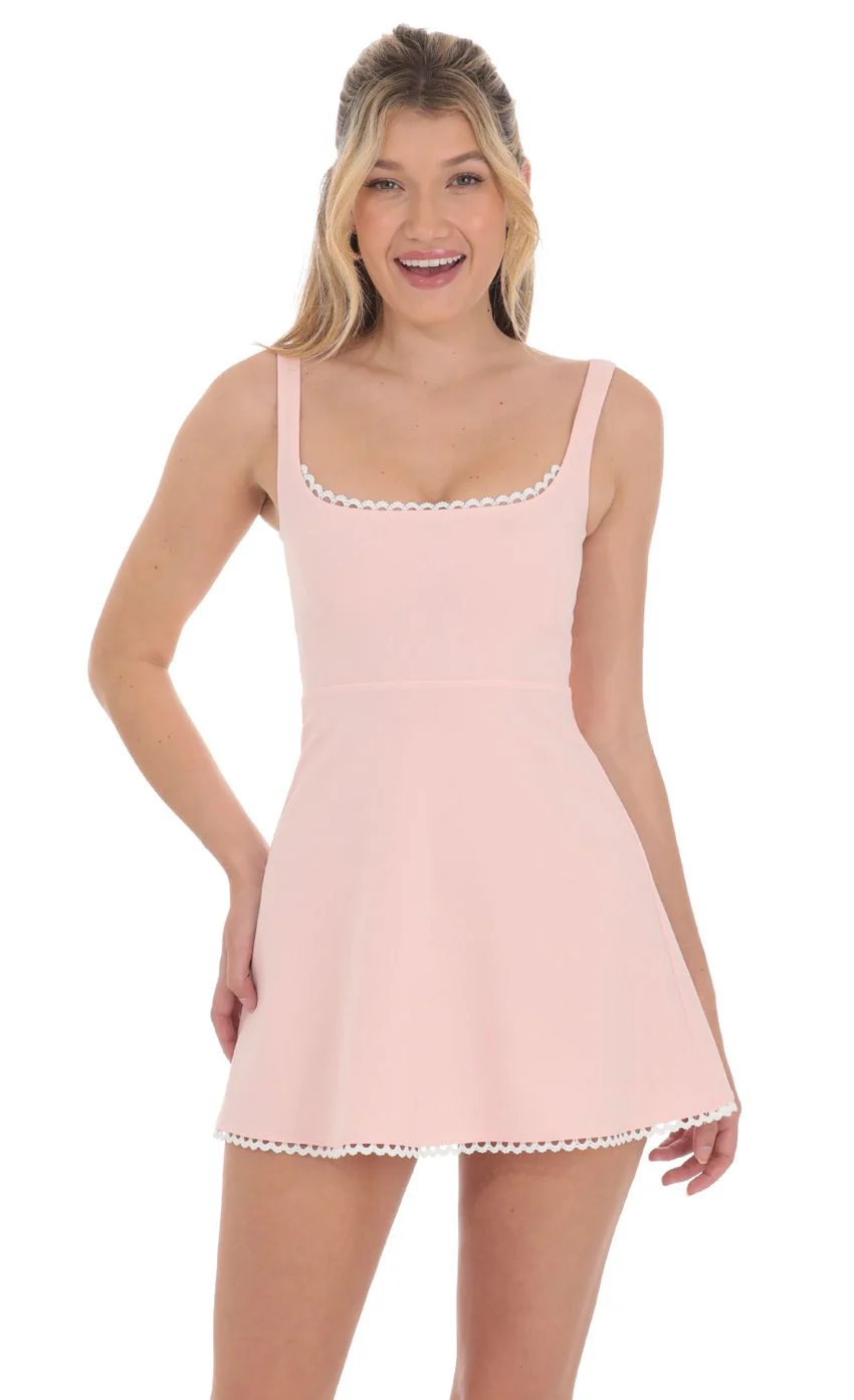 Embroidered Trim A-line Dress in Pink - luluinthesky
