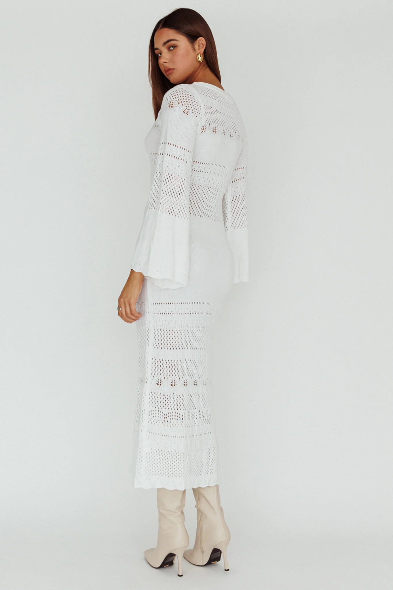 Gail Long Sleeve Crochet Maxi Dress White