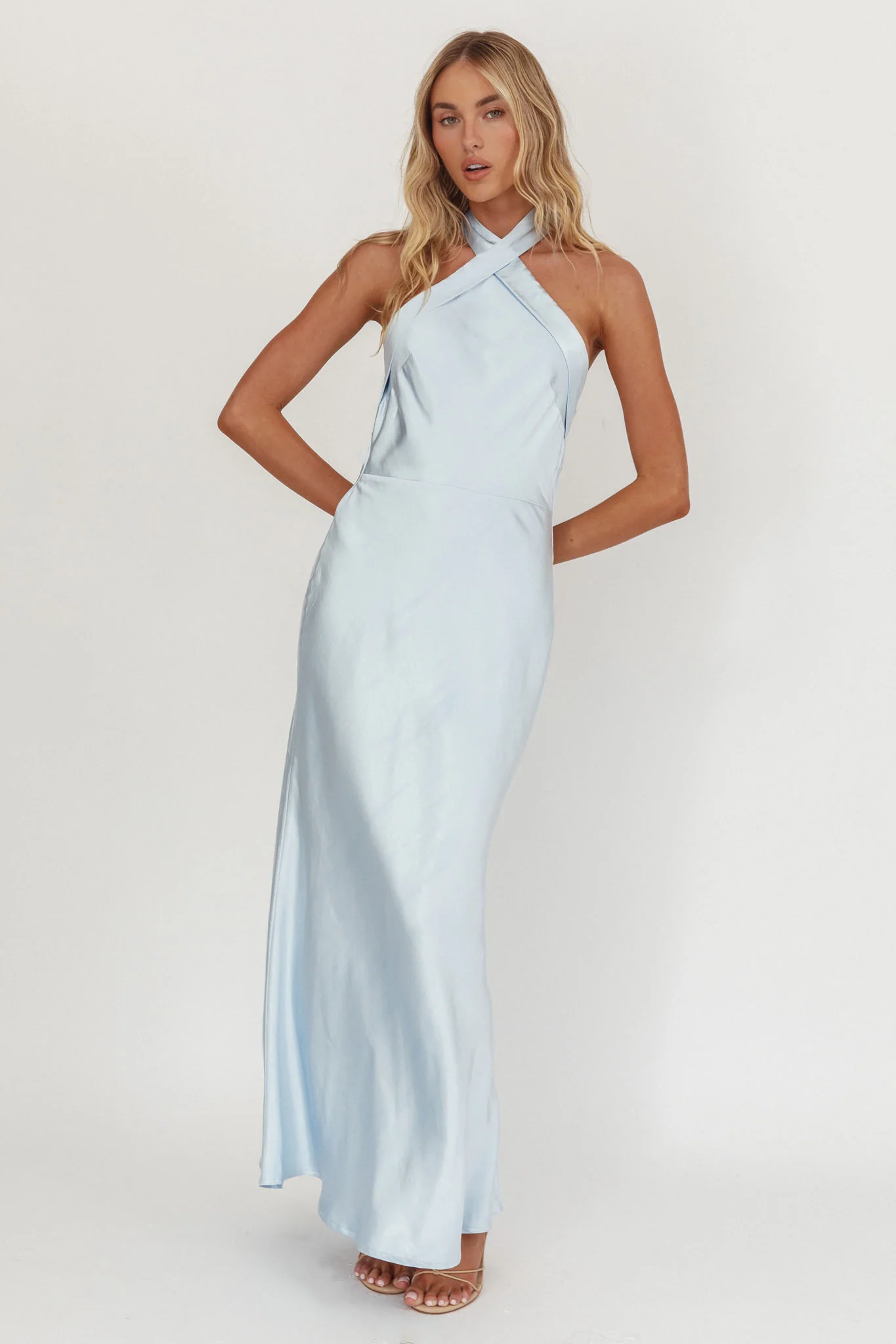 Italia Azure Crossover Halterneck Maxi Dress Ice Blue