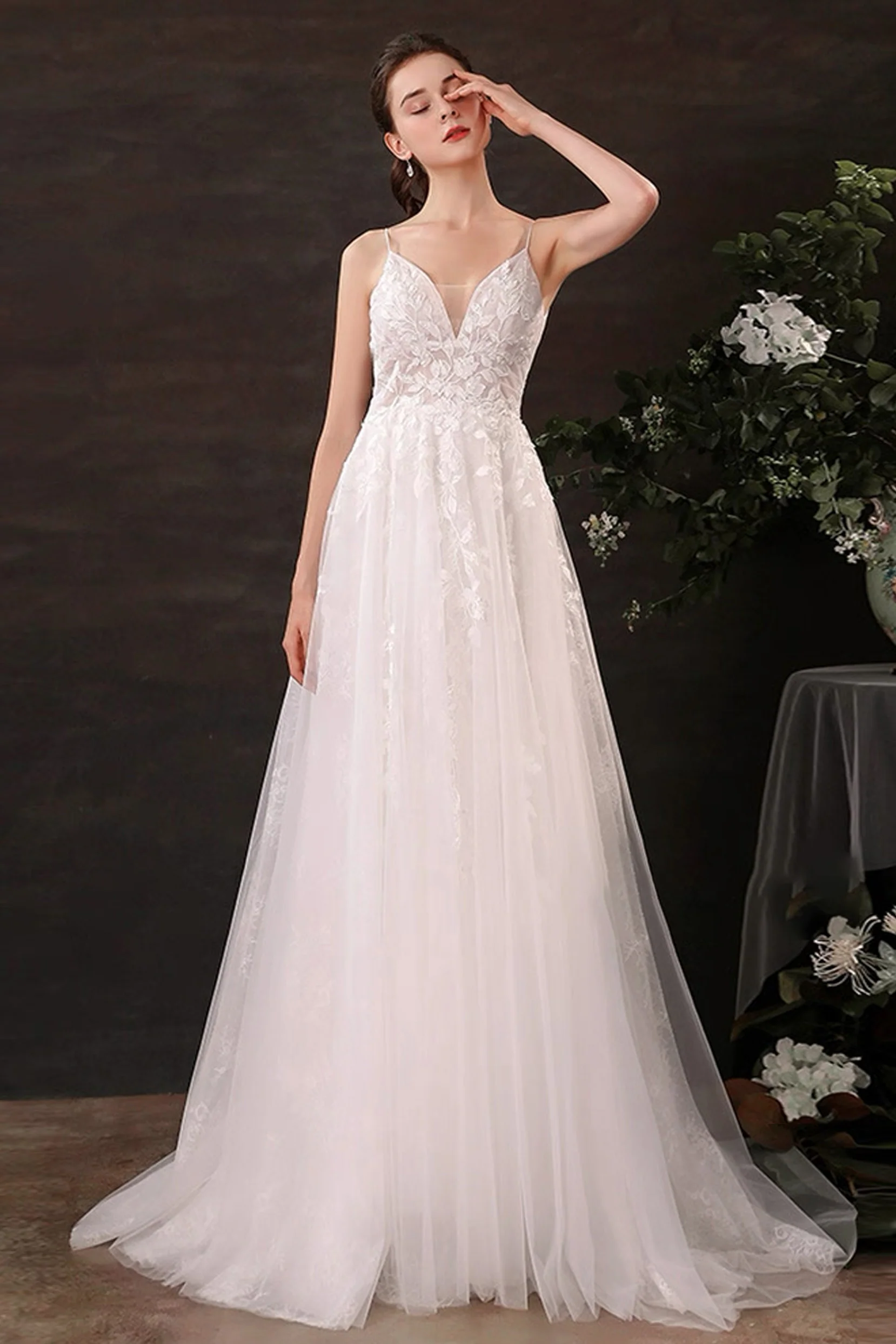 A-Line Floor Length Lace Tulle Wedding Dress CW3119