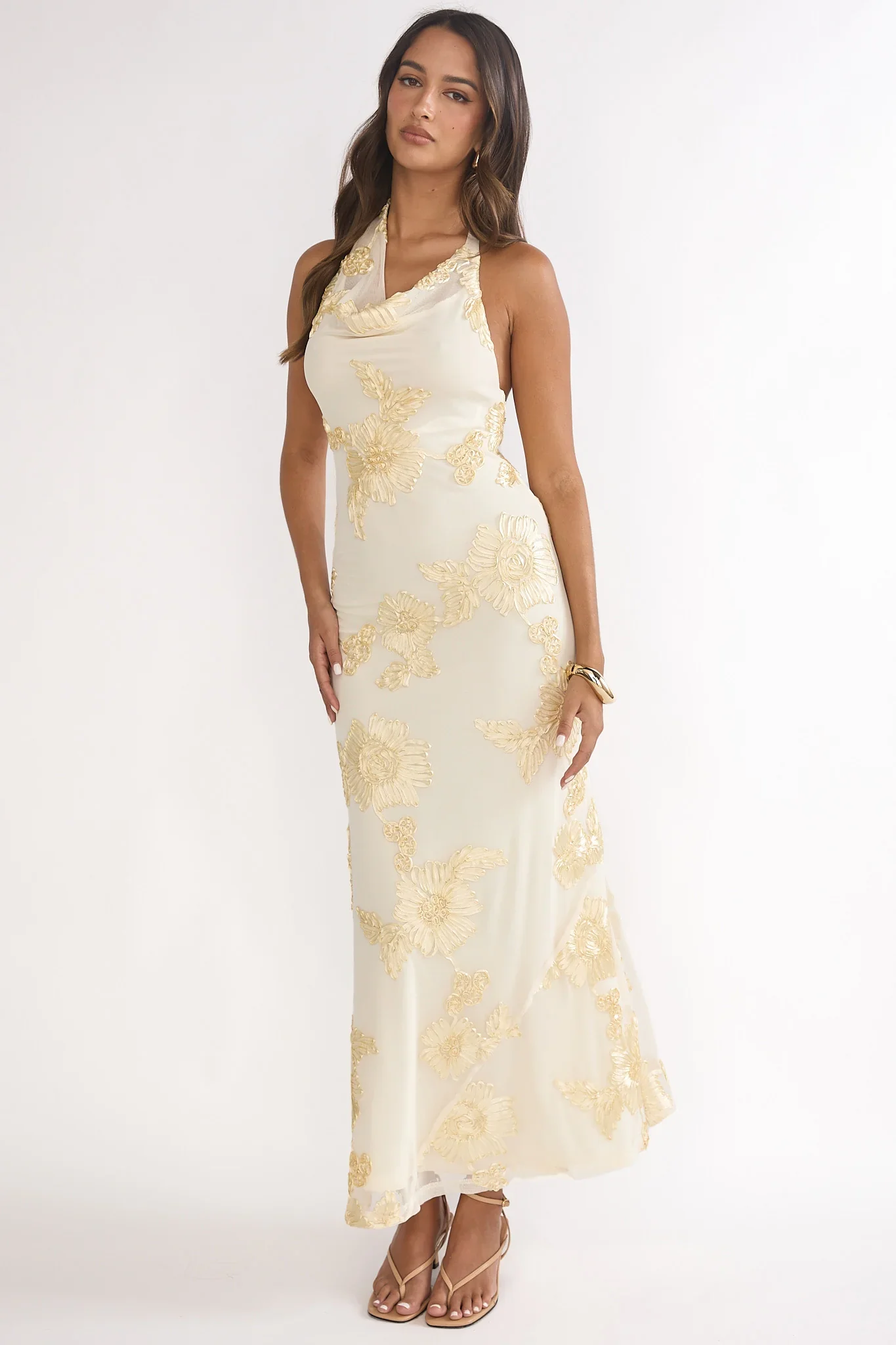 Kirralee Asymmetric Halterneck Embellished Maxi Dress Yellow