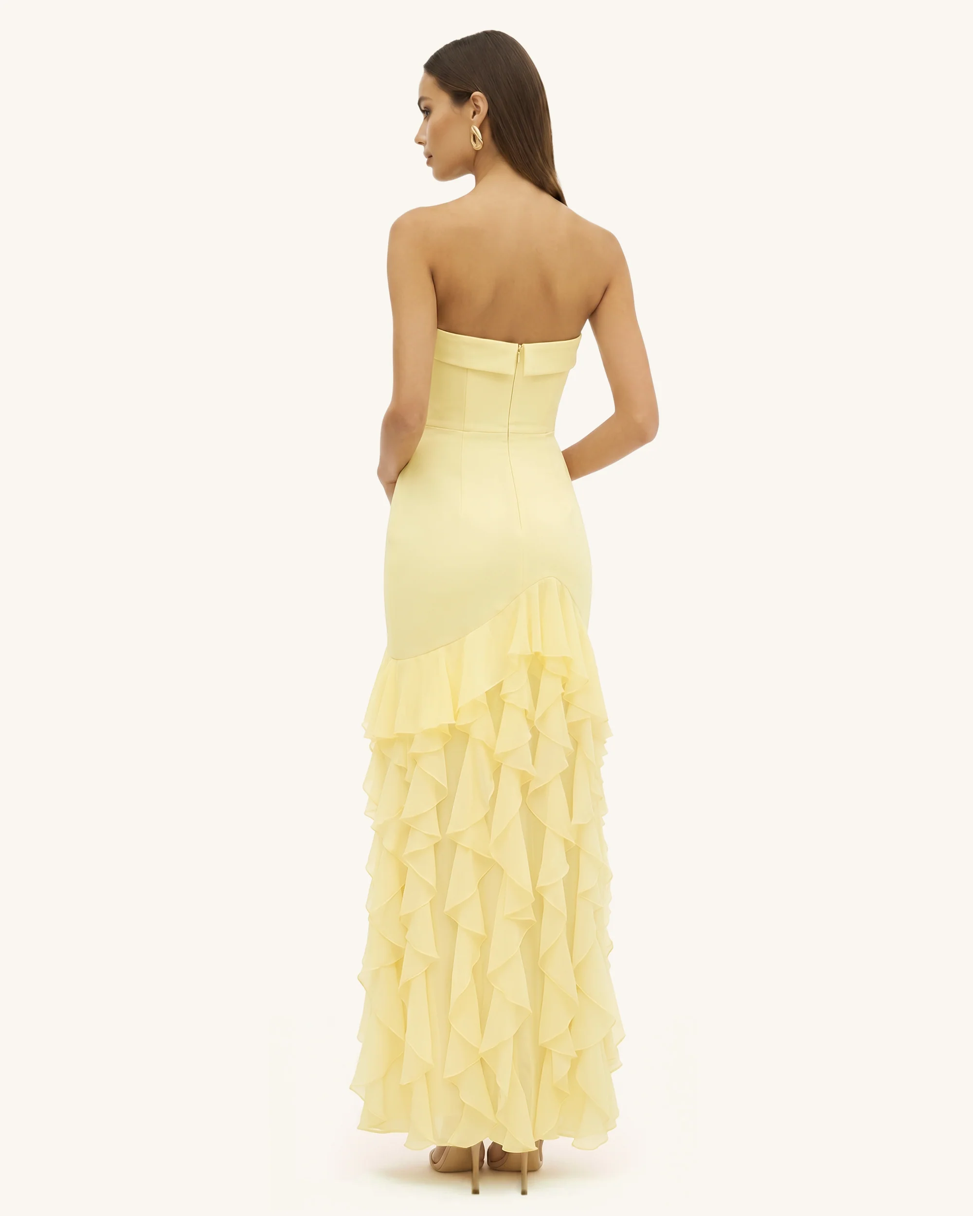 Orchid Embroidered Ruffled Strapless Maxi Dress - Pale Yellow - FASHION NOB