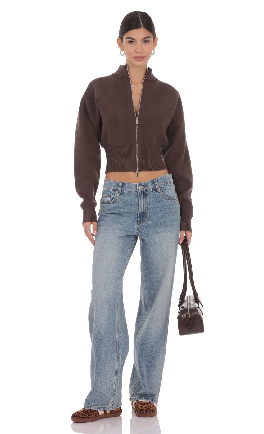 Knit Mock Neck Zip-Up Cardigan in Brown