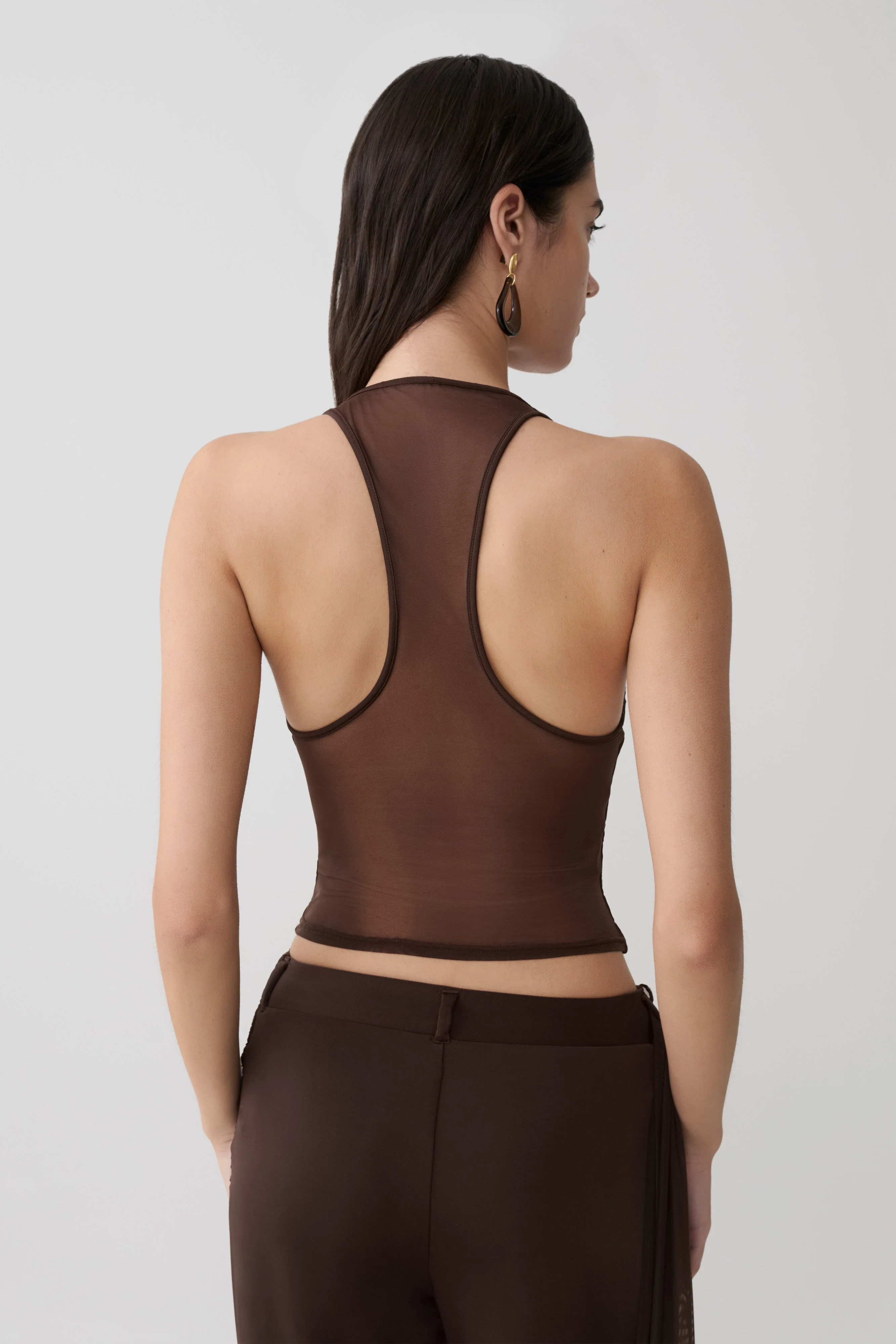 Aspyn Slinky And Mesh Top - Chocolate