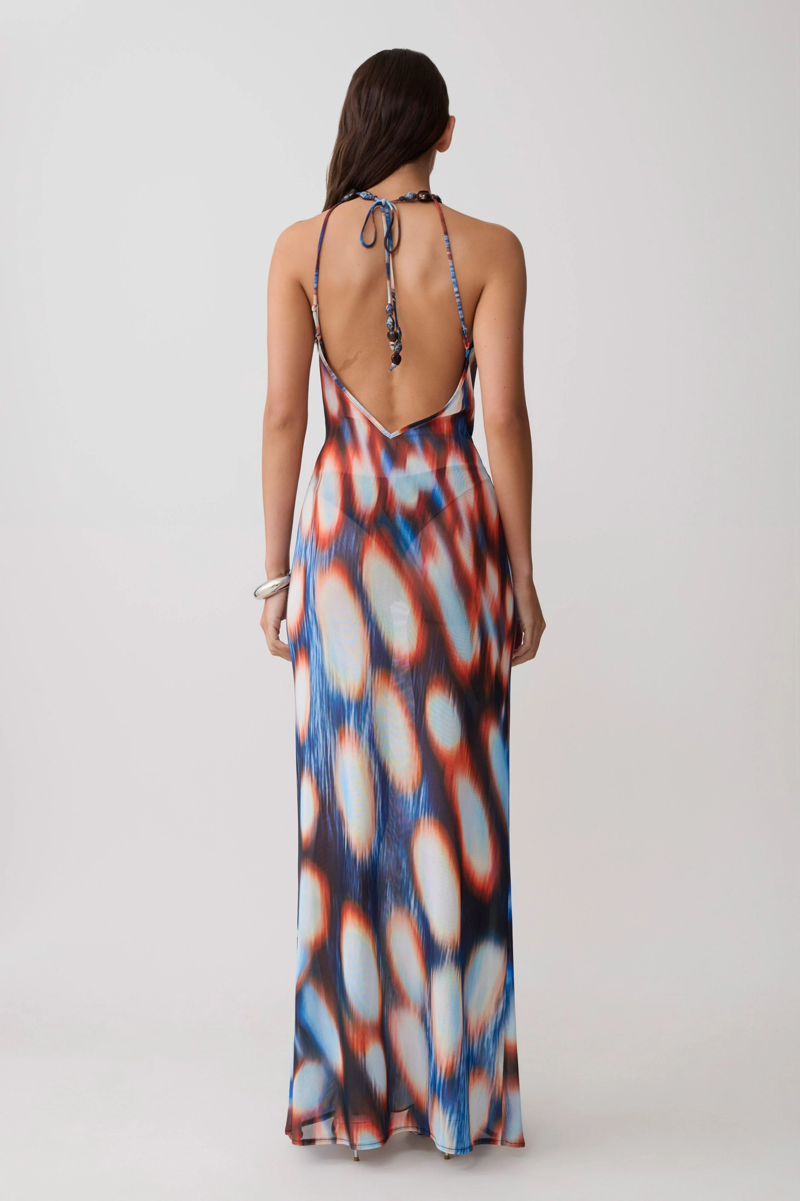 Ethel Mesh Cowl Plunge Maxi - Blue Abstract Print