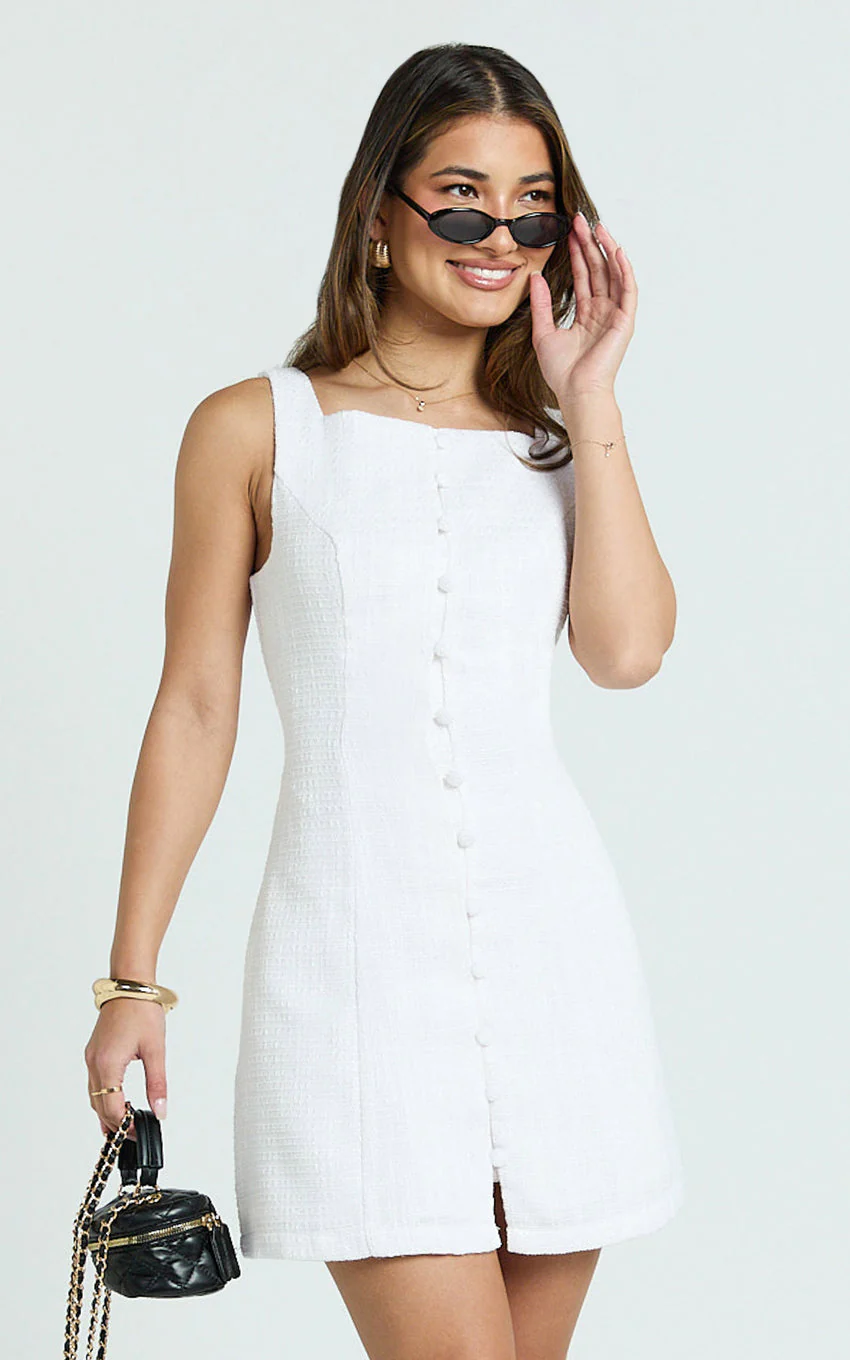 Aveline Mini Dress - Structured Button Front Dress in White - luluinthesky