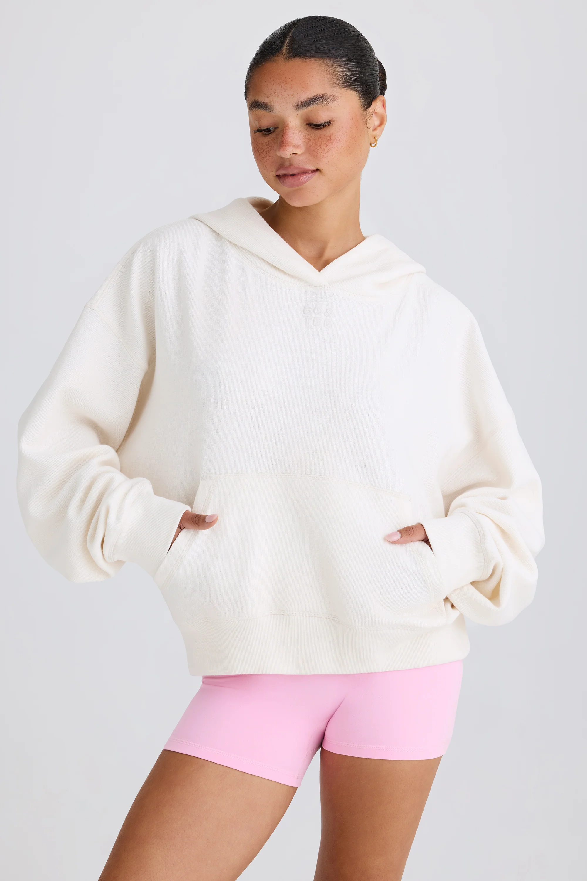 Textured Cotton Jersey Graphic Print Hoodie in White