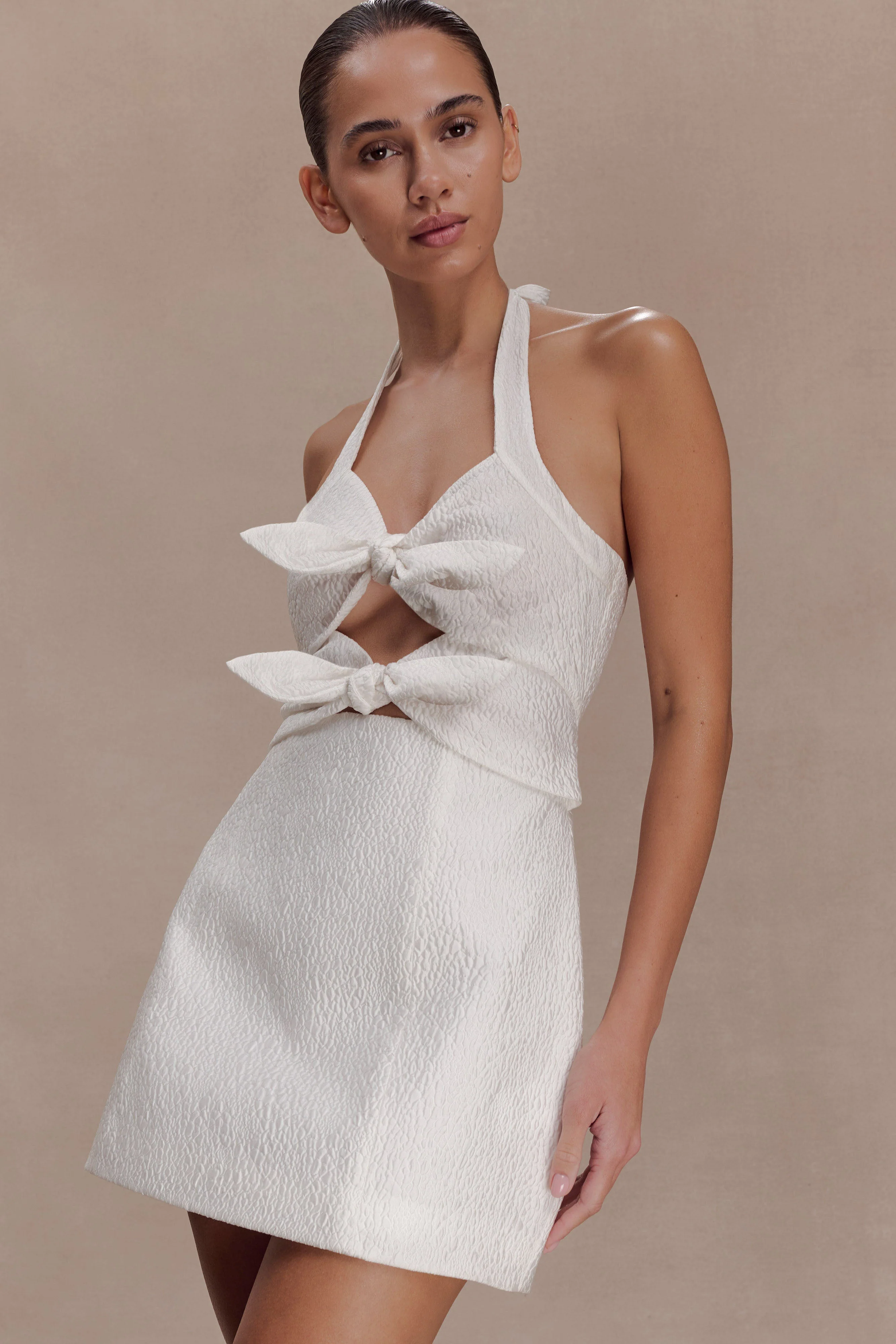 Ella Bow Detail Halter Mini Dress - White