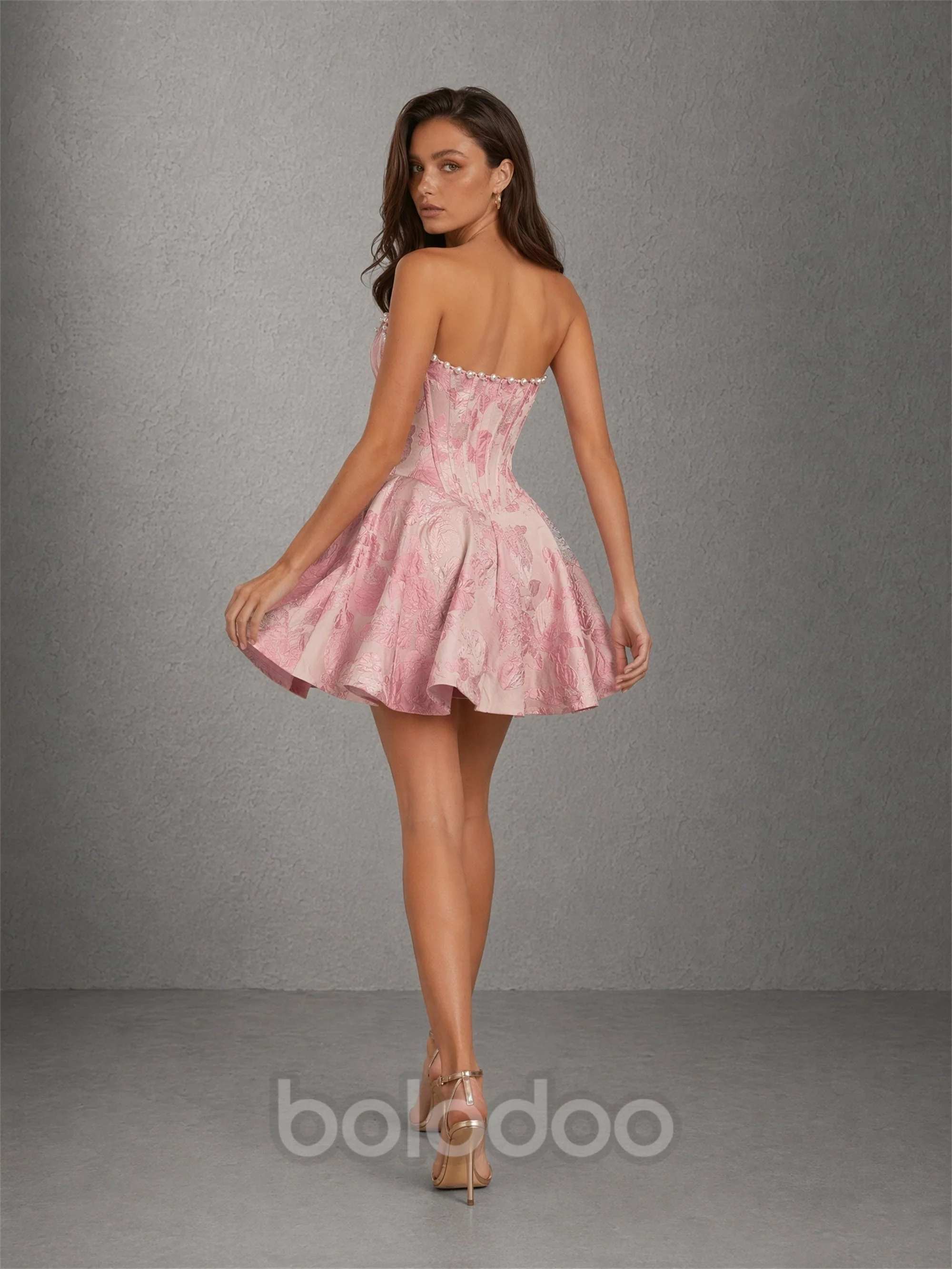 BOLODOO Pink Jacquard Pearl Trim Strapless Sweetheart Boned Corset Fit-and-Flare Mini Dress