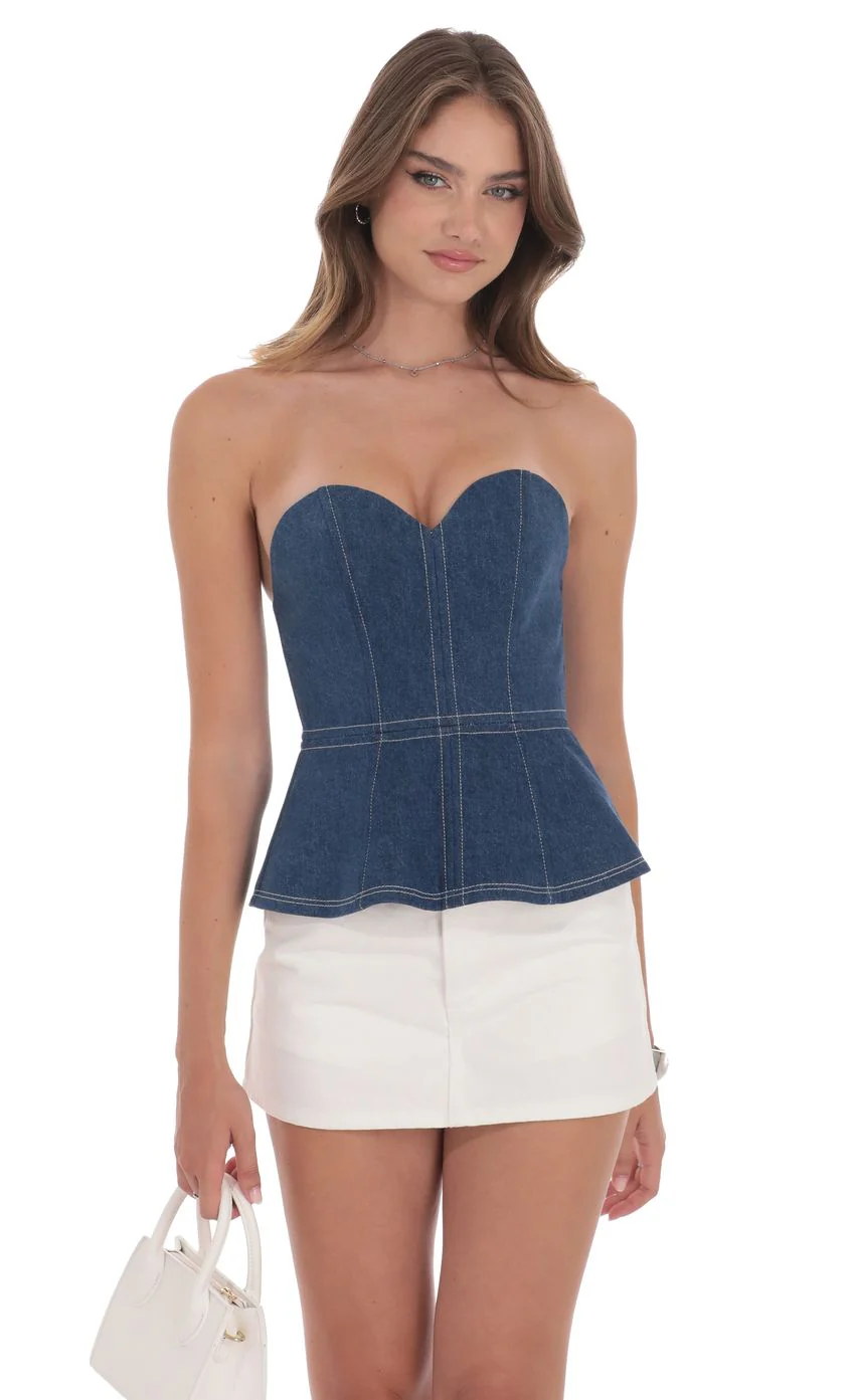 Strapless Peplum Denim Top in Blue