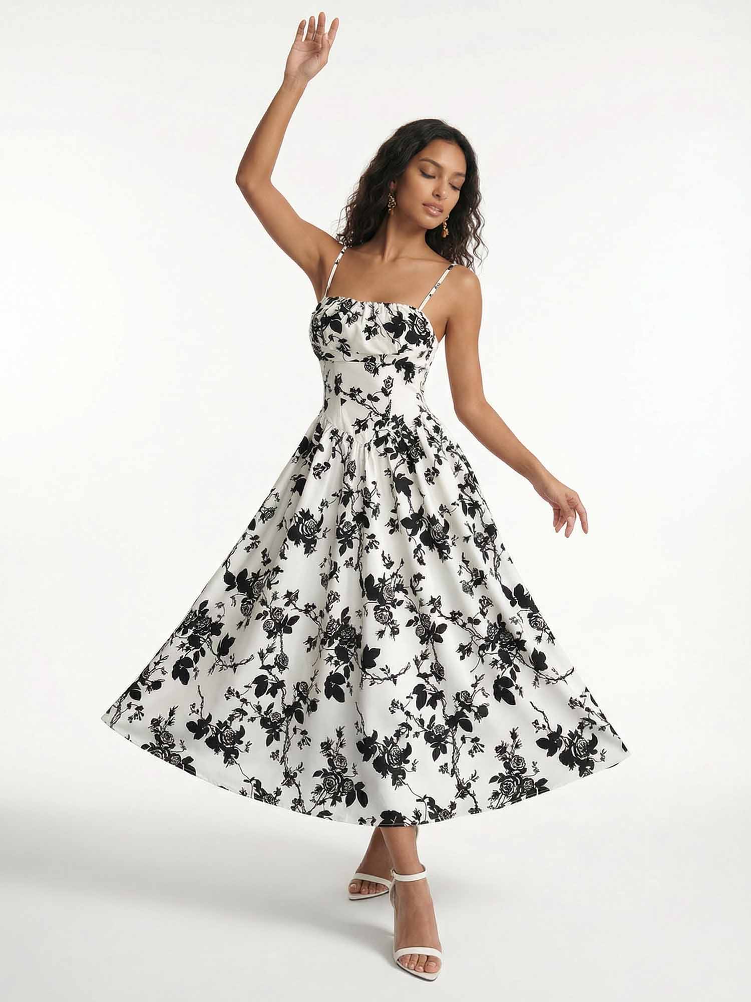 Monochrome Bloom Midi Dress