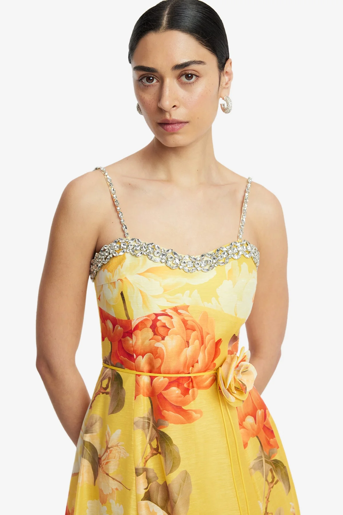 Mariela Embellished Midi Dress - Peony Print in Yellow