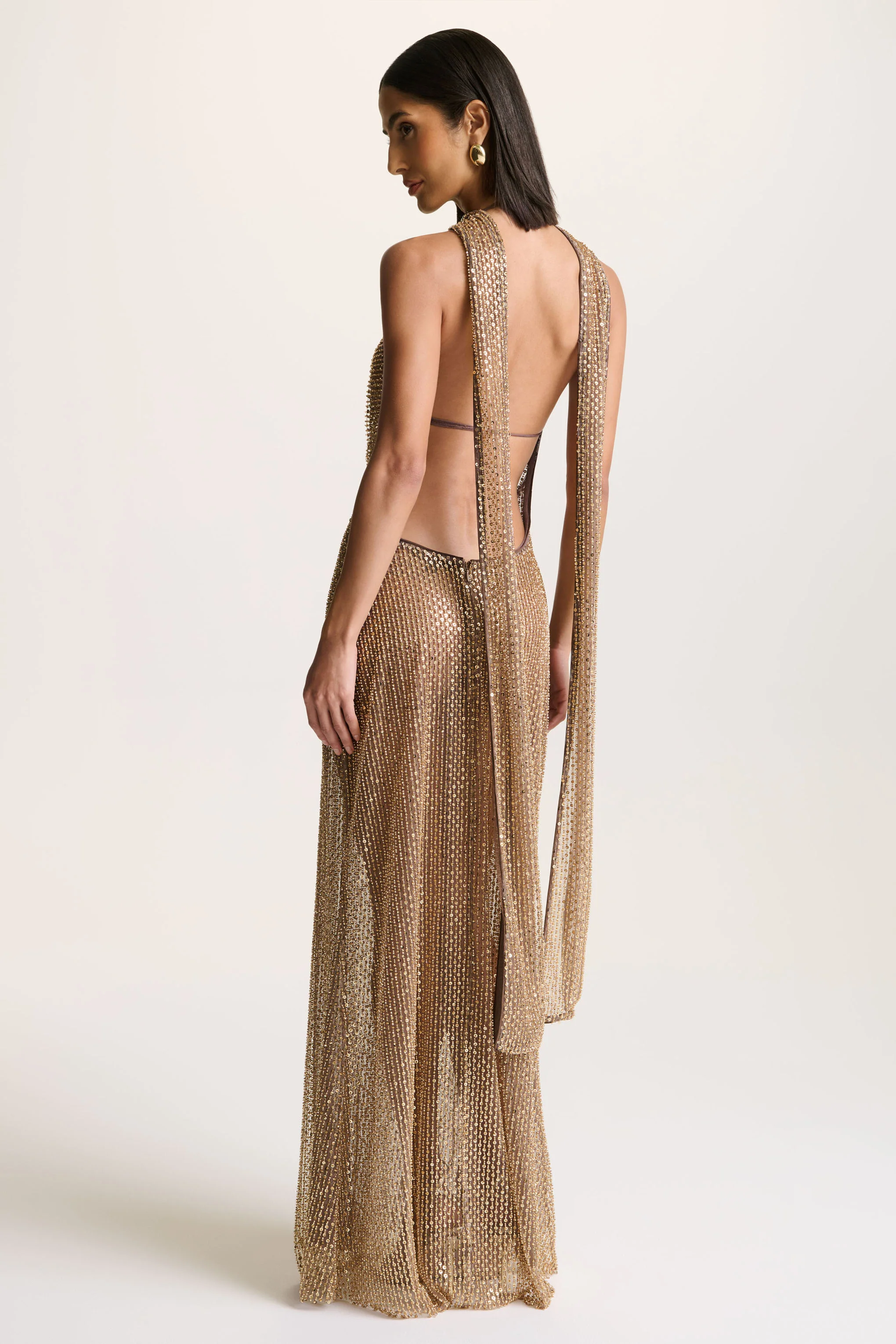 Anele | Gold Sequin High-Neck Sheer Maxi Dress With Sash And Open-Back
