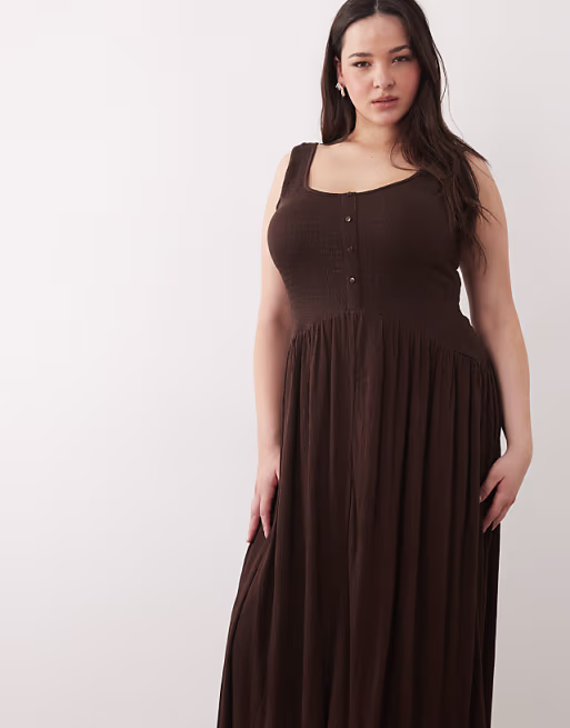 Curve crinkle button up midi dress in chocolate