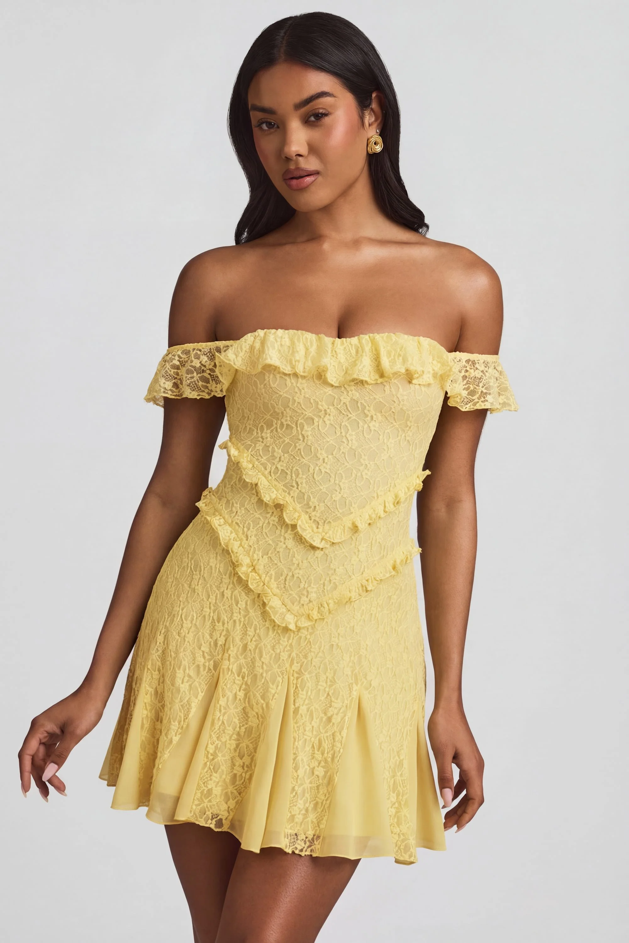 Off-Shoulder Lace A-Line Mini Dress in Pastel Yellow