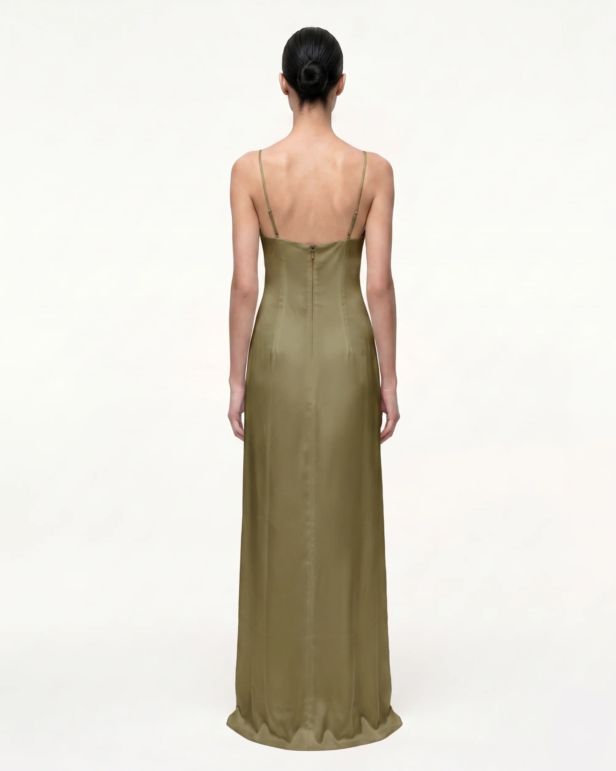 Iris Motif Satin Slip Gown - Olive Green - FASHION NOB
